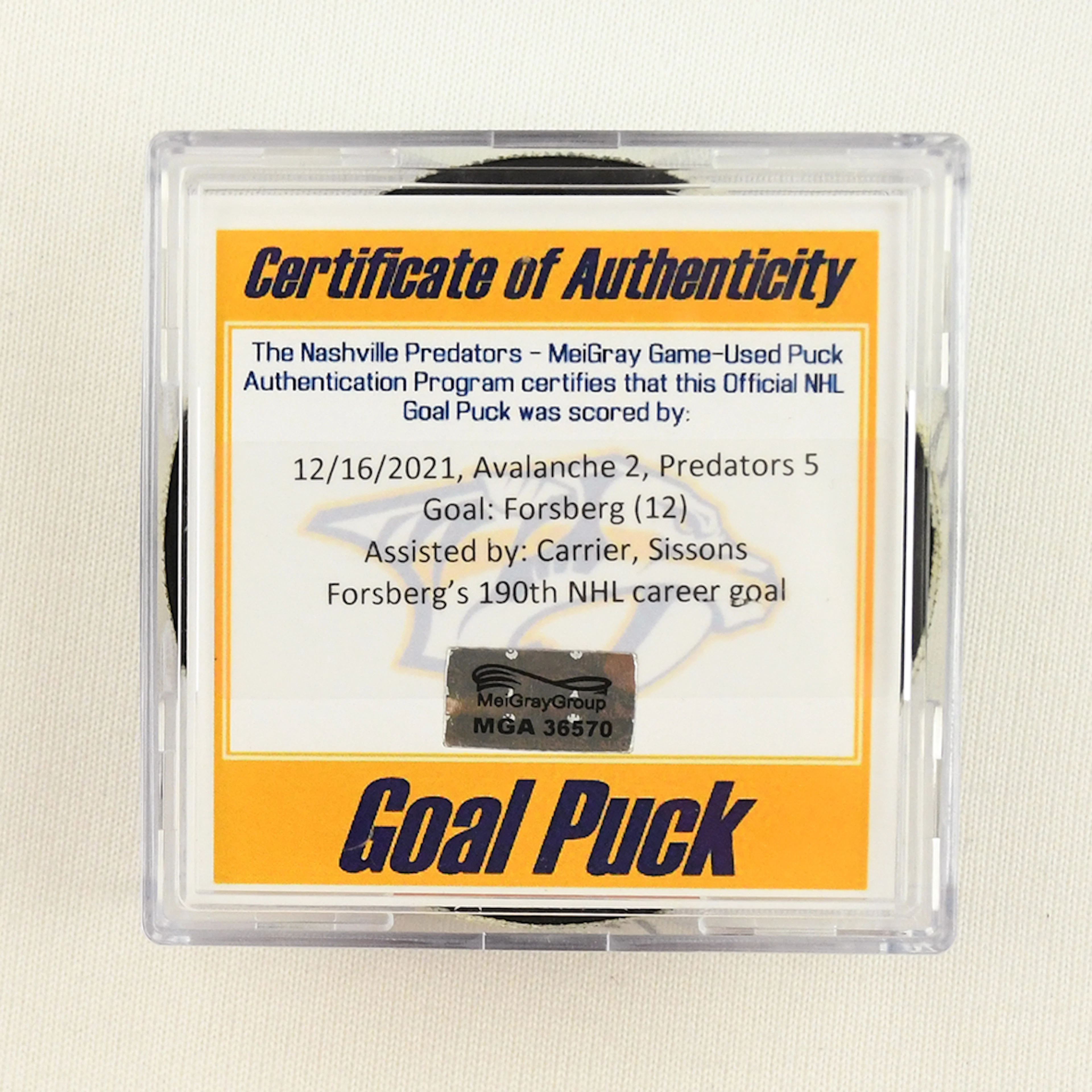Filip Forsberg - Nashville Predators - Goal Puck - December 16