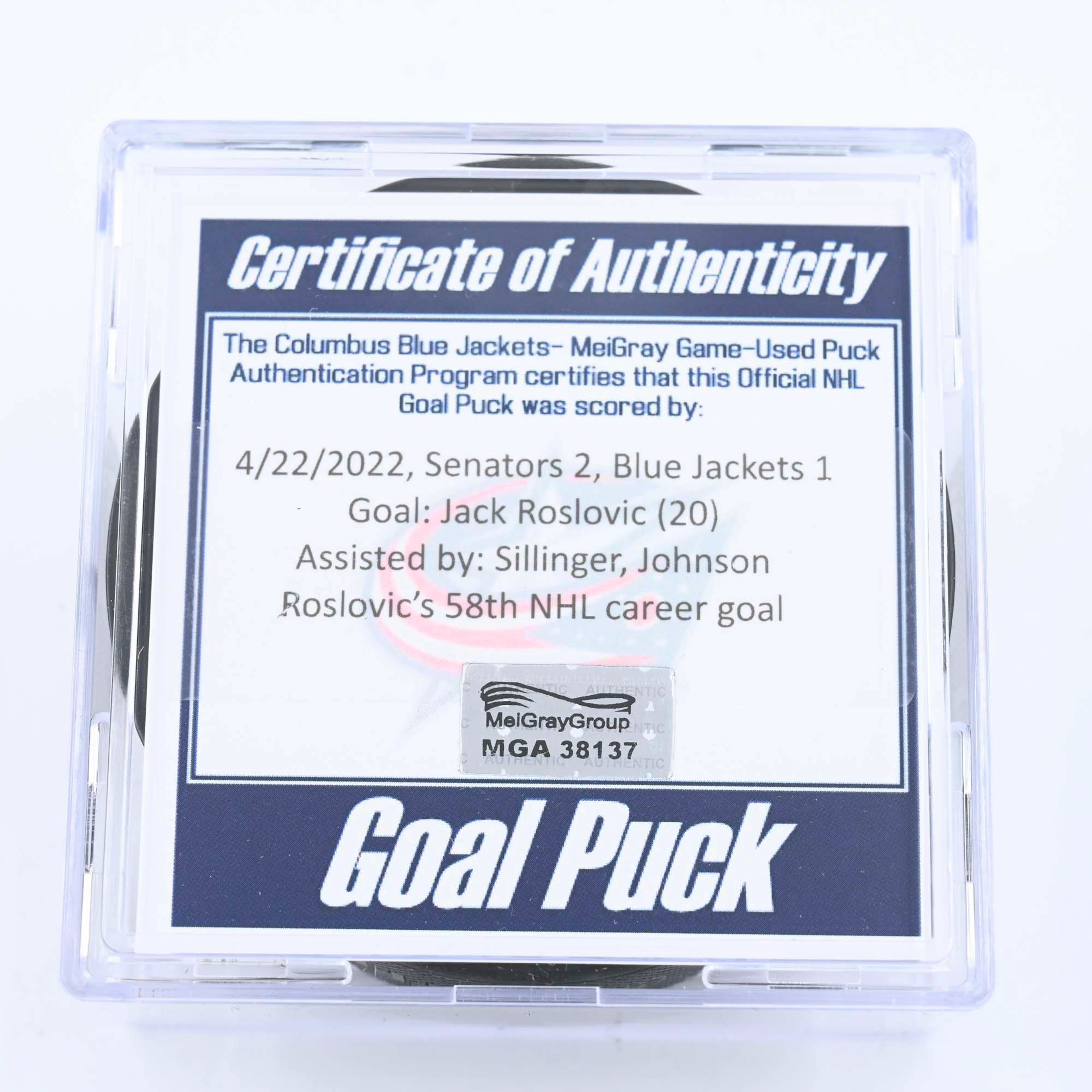 Jack Roslovic - Columbus Blue Jackets - Goal Puck - April 22