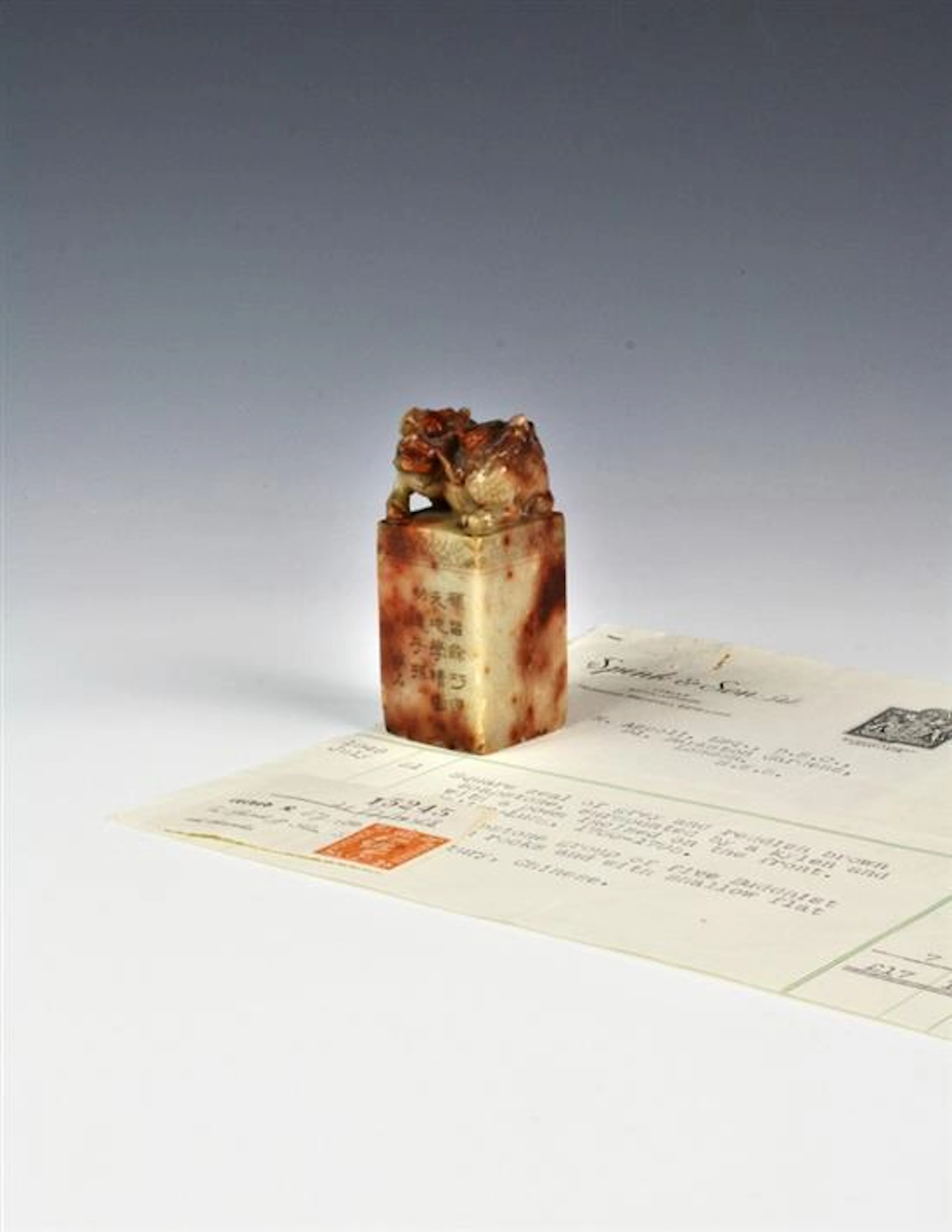 A fine Chinese soapstone seal, Qianlong (1736-1795) with original Spink receipt,
