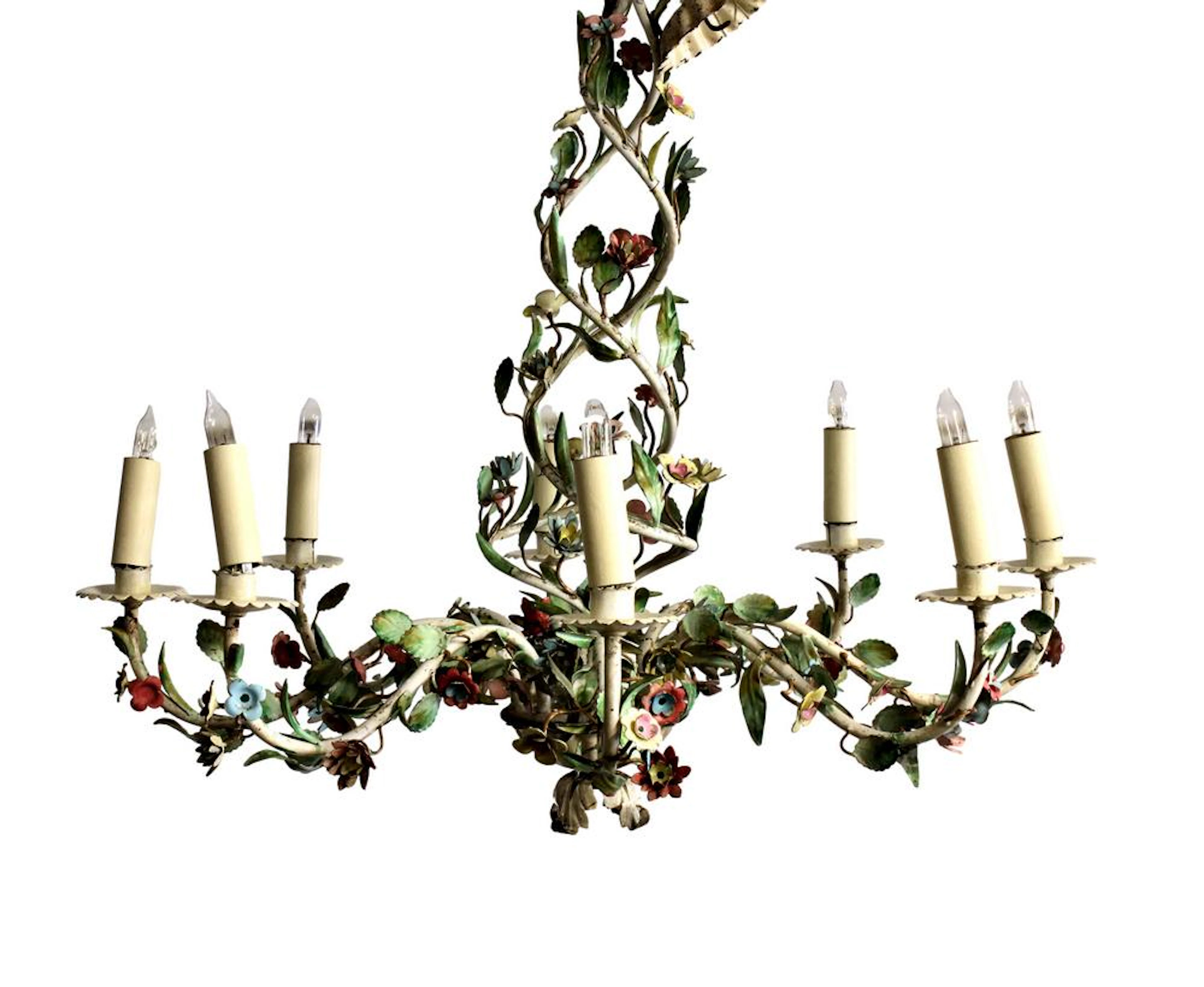 A French painted metal floral chandelier late 19th / early 20th century