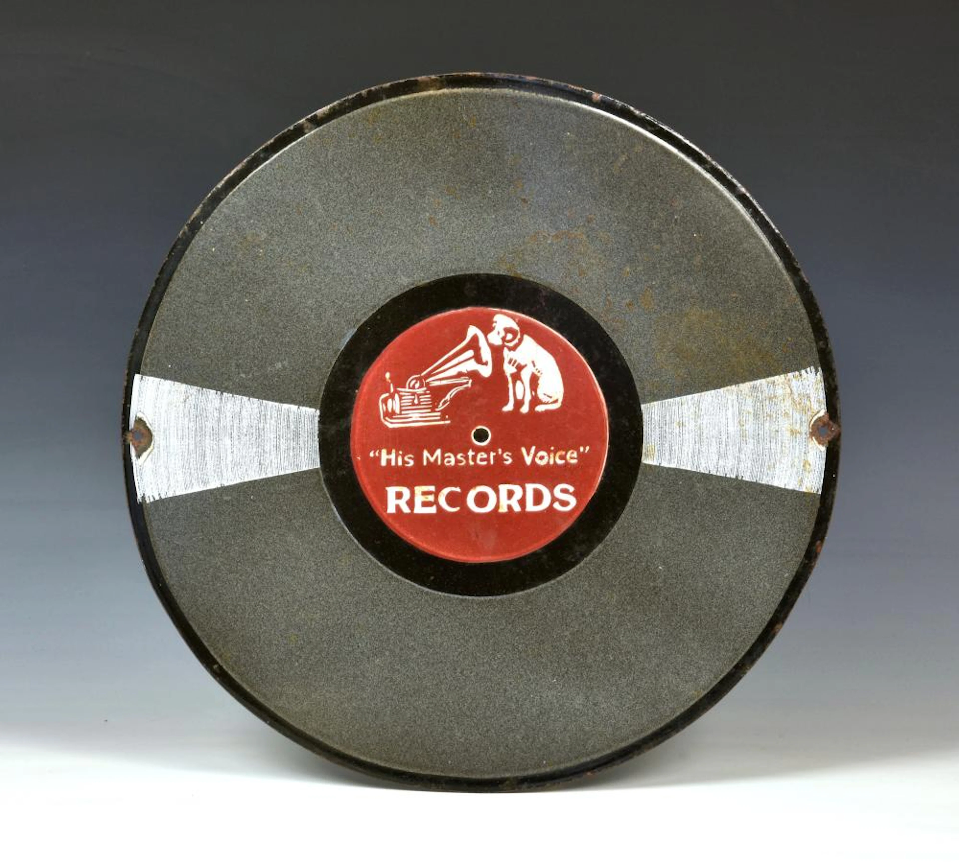 A vintage enamel "His Master's Voice" RECORDS advertising...