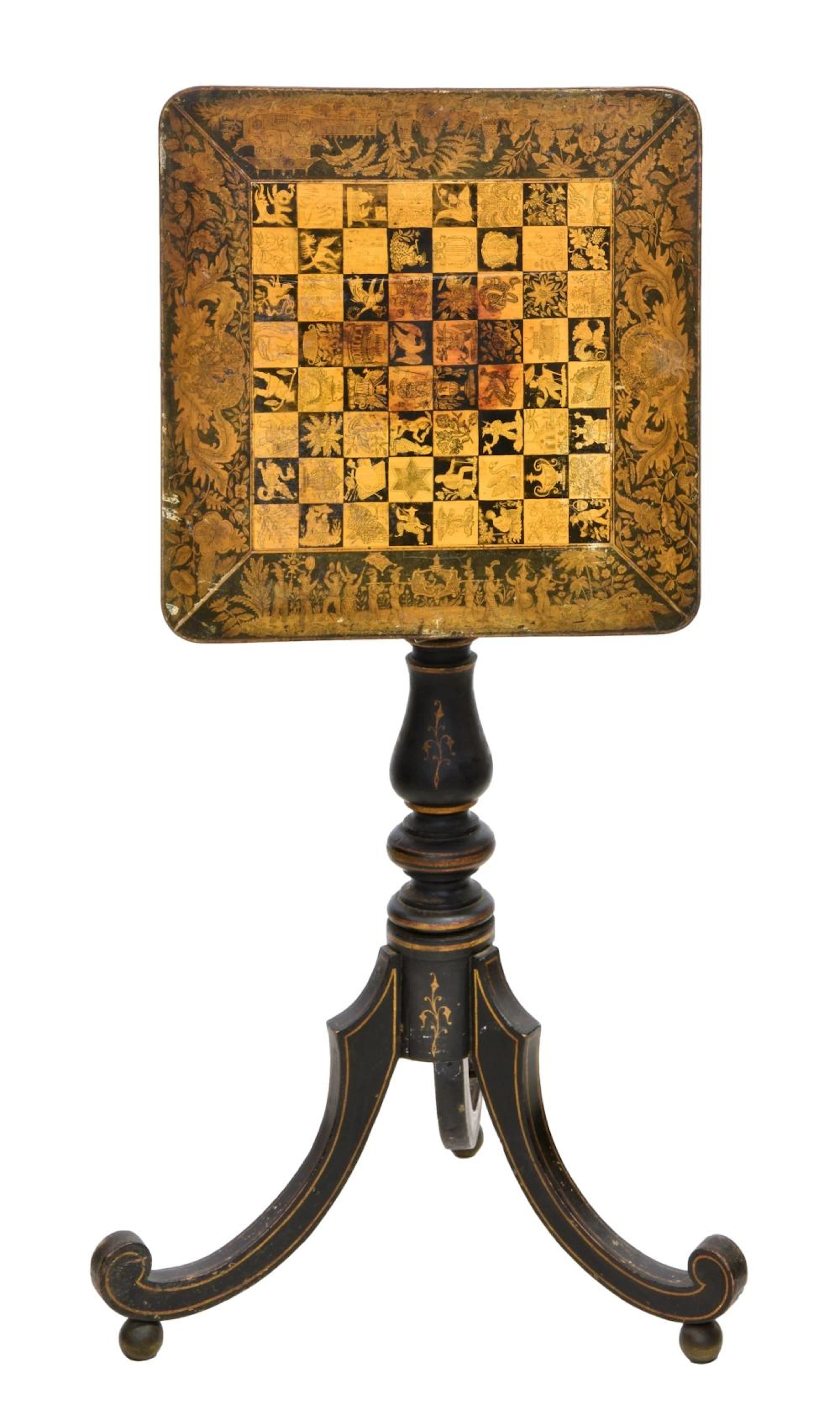 A George III penwork and ebonized games table