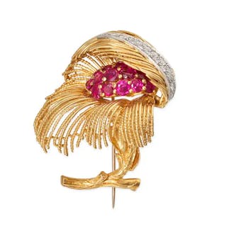 BEN ROSENFELD, A DIAMOND AND RUBY FLOWER BROOCH, 1960S in 18ct yellow