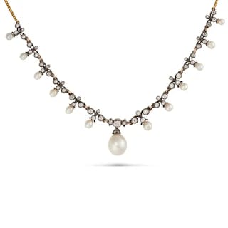 AN ANTIQUE NATURAL SALTWATER PEARL AND DIAMOND NECKLACE in yellow