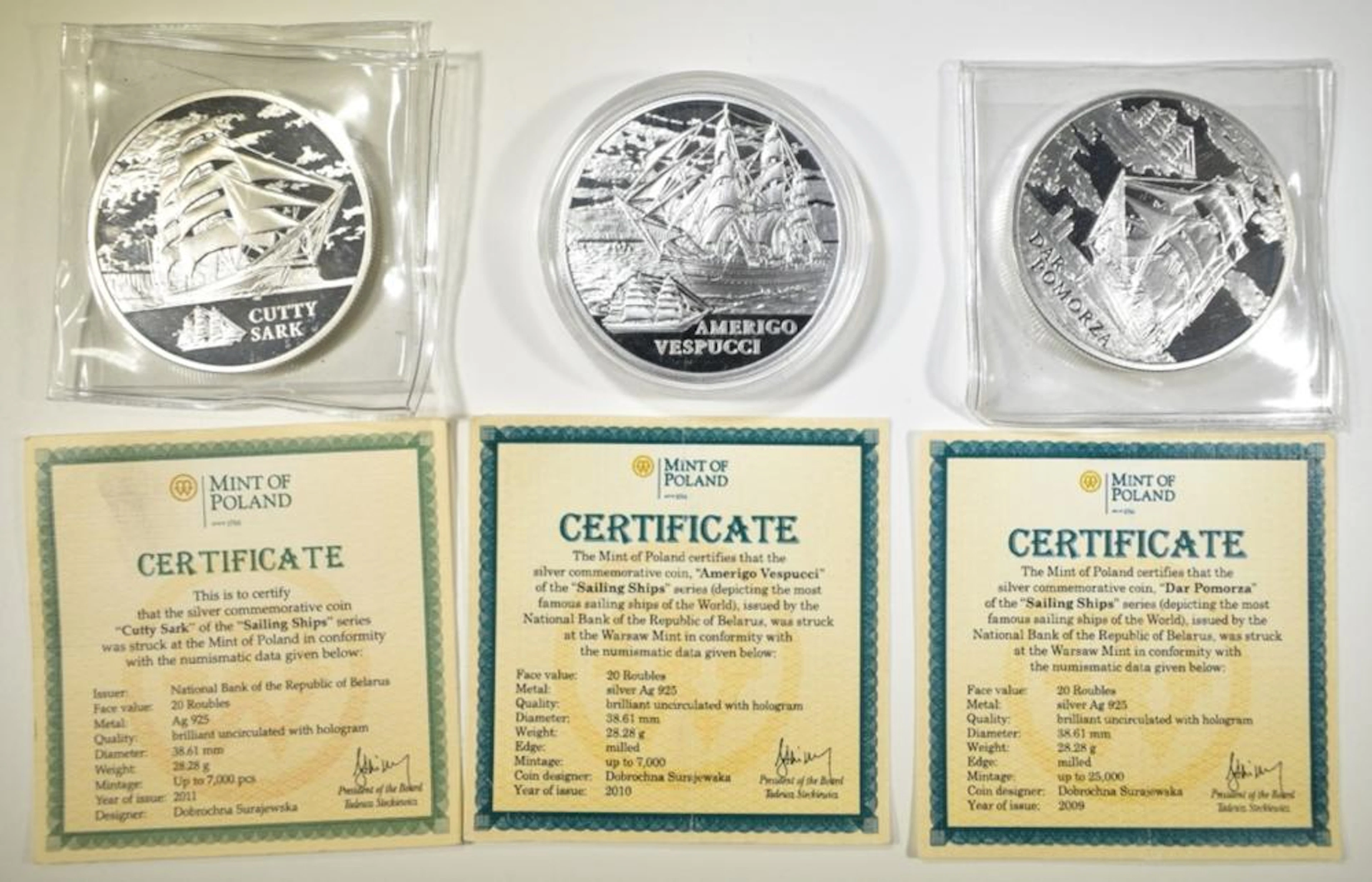 (3) 28.28 G 925 SILVER BELARUS 20 ROUBLES COINS: