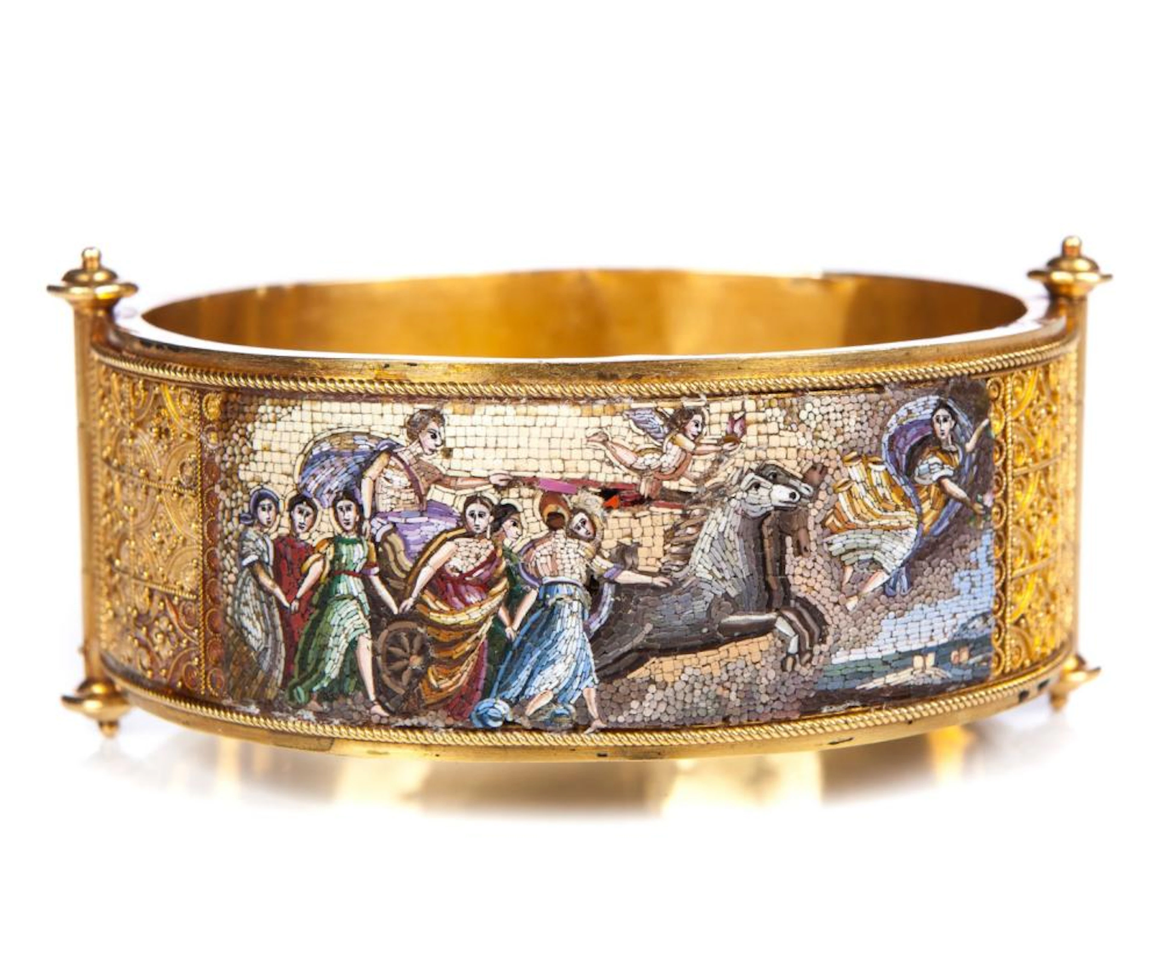 19TH CENT MICROMOSAIC BANGLE W ENTRUSCAN GOLD WORK