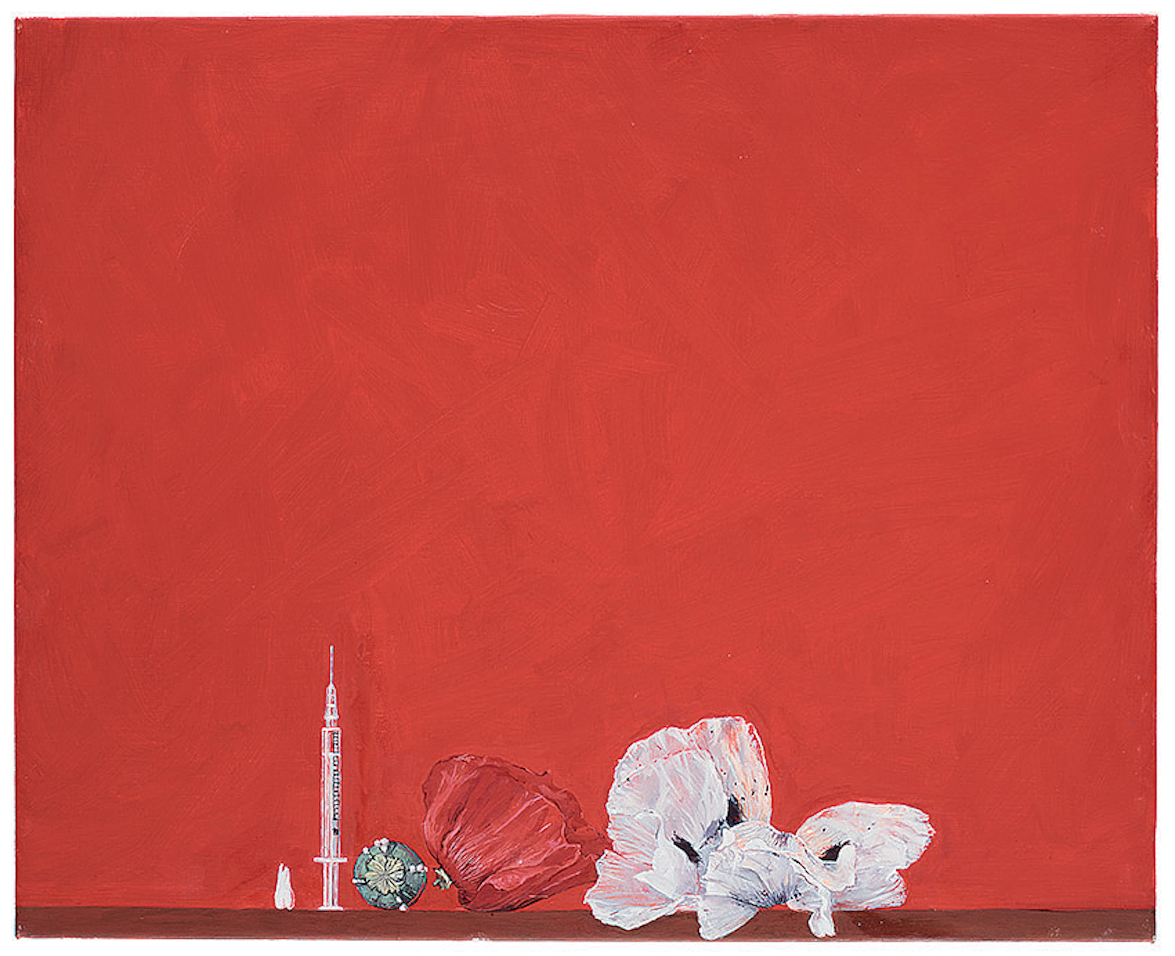 "Xenia with Poppy Flowers, Fresh Cut poppy Capsule with Opium Sap, Syringe and Wisdom Tooth"