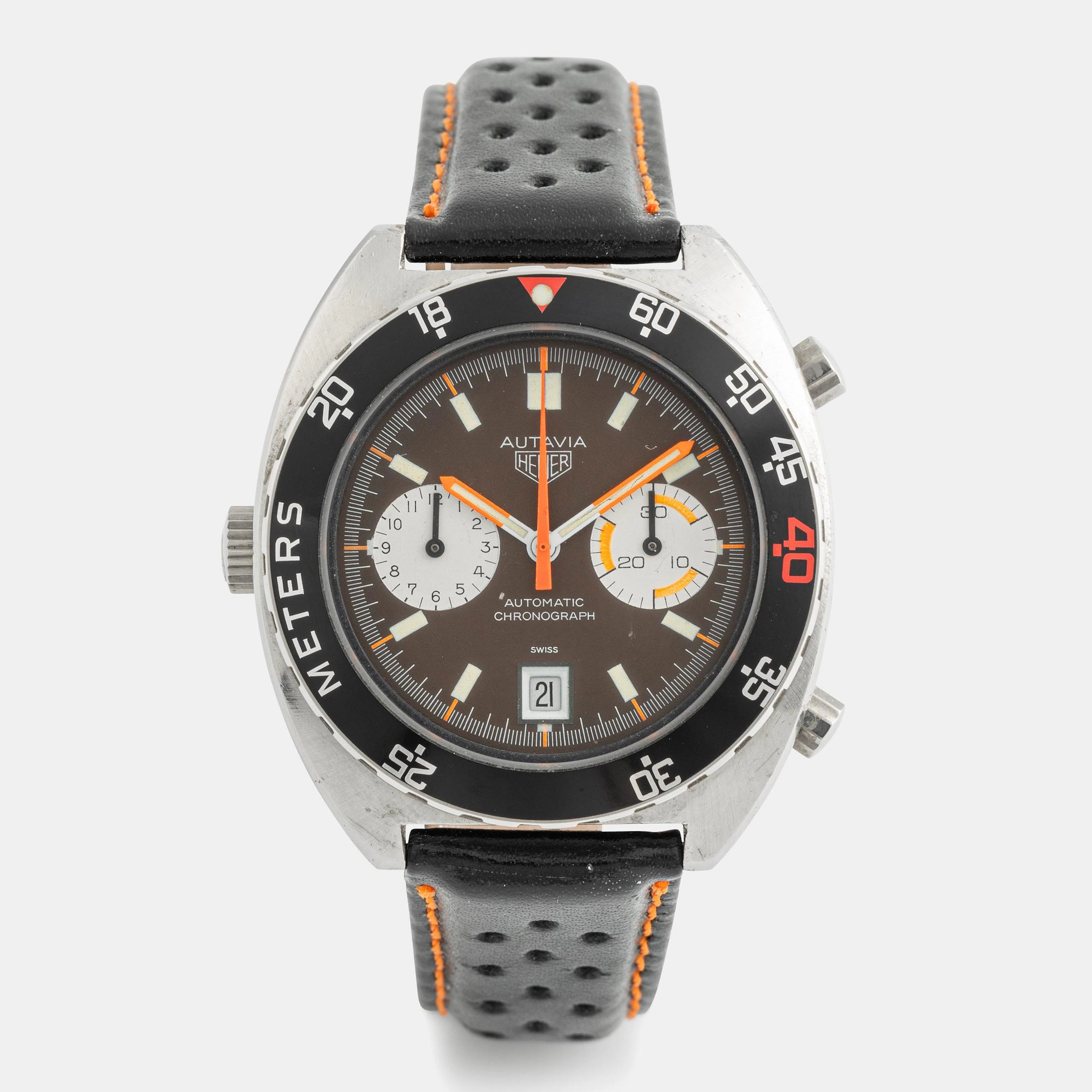 Heuer, Autavia, "Tropical Dial", "Decompression Bezel", chronograph, ca 1972.
