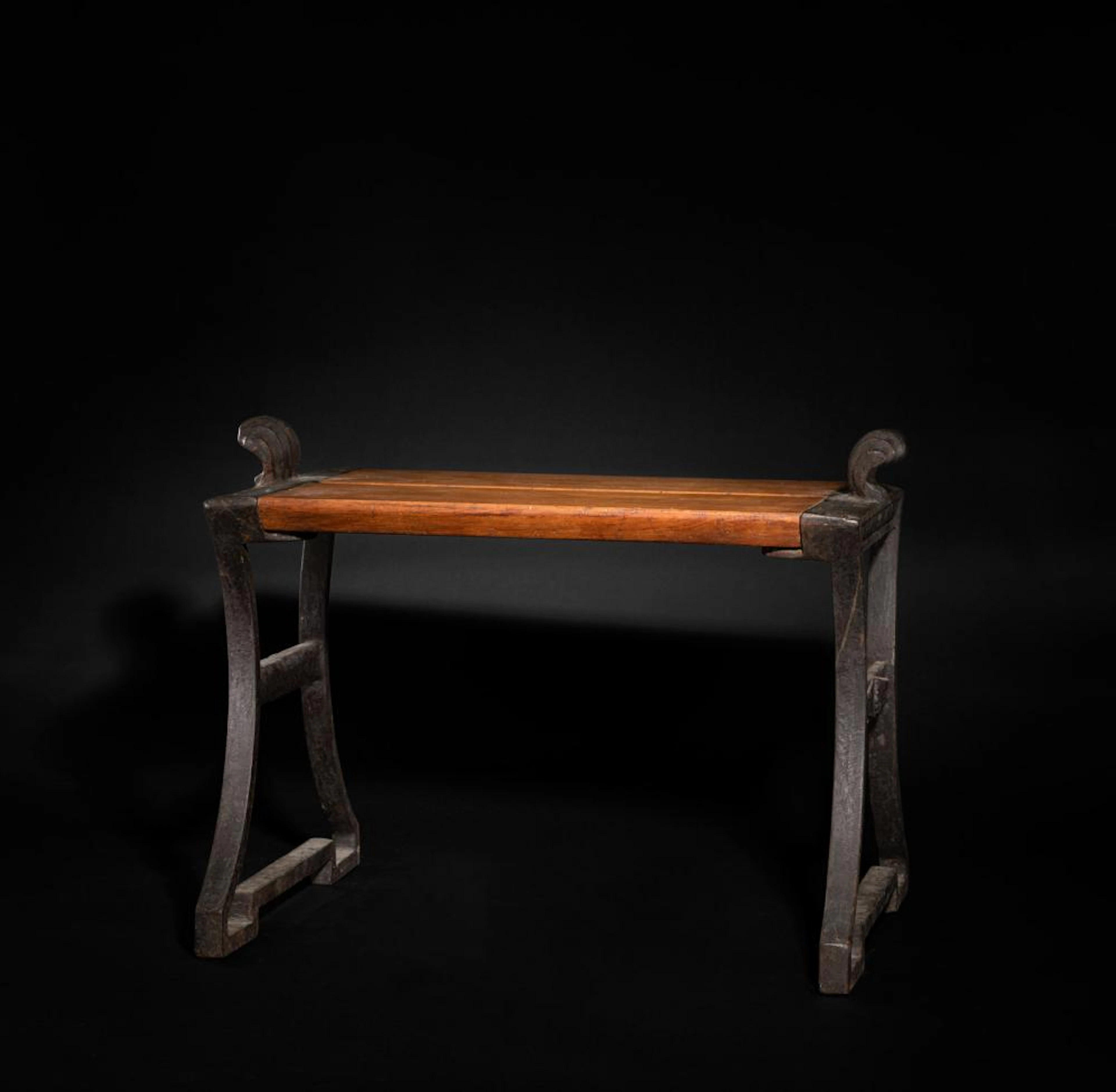 A RARE ART-DECO WROUGHT IRON AND WOOD GARDEN BENCH