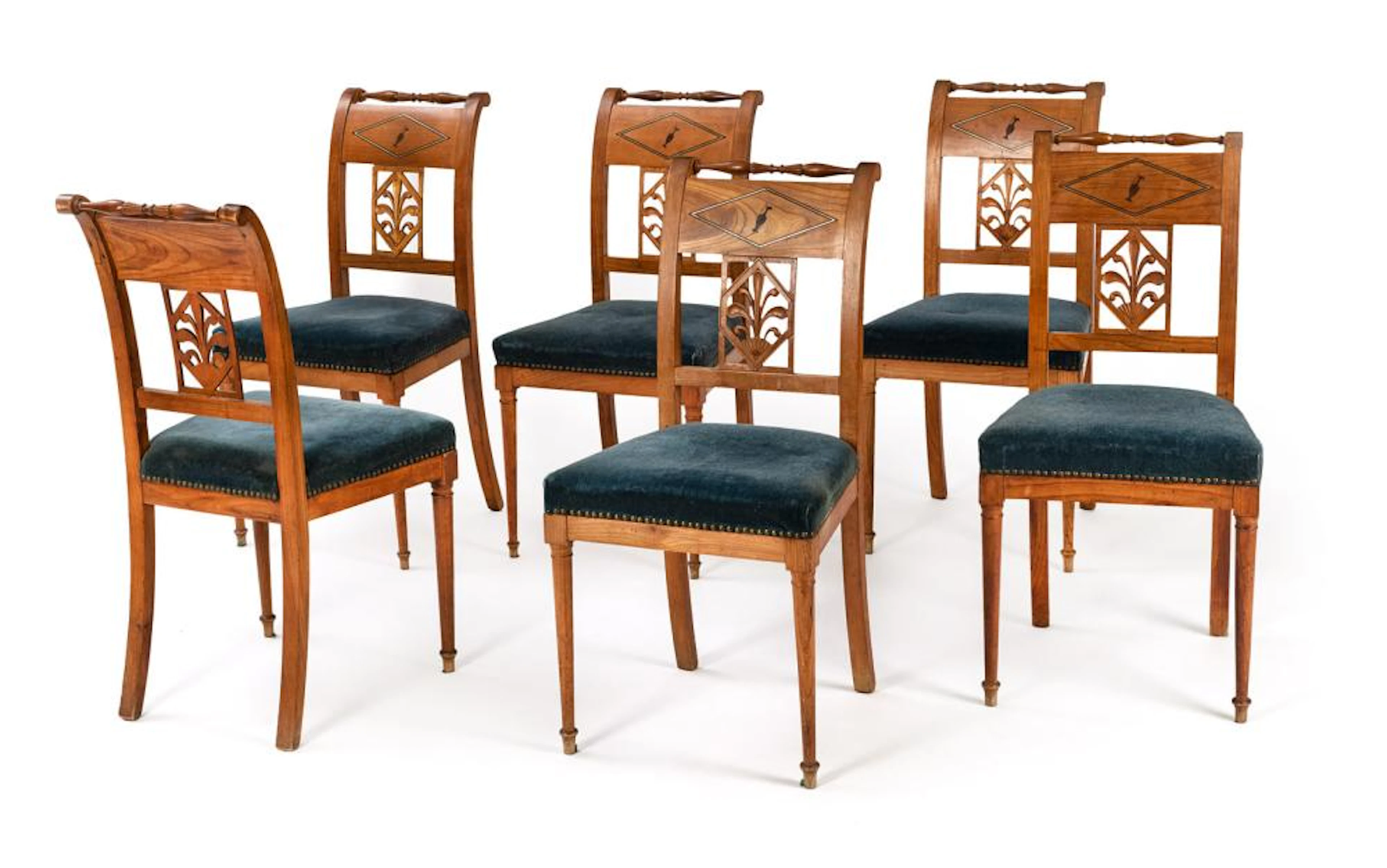 A SET OF SIX EMPIRE BRASS BANDED CHERRYWOOD DINING CHAIRS