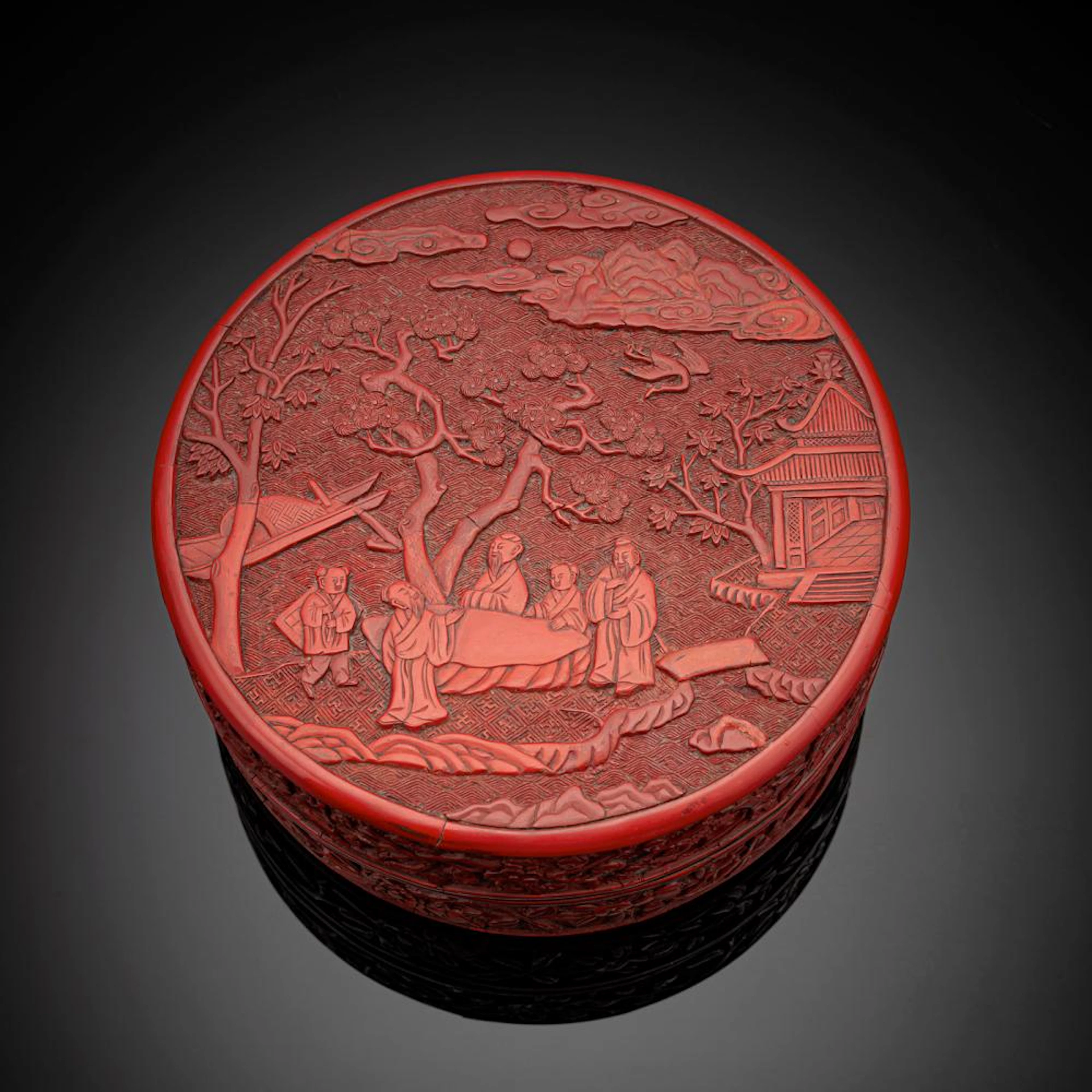 A RARE CARVED CIRCULAR CINNABAR LACQUER BOX AND COVER
