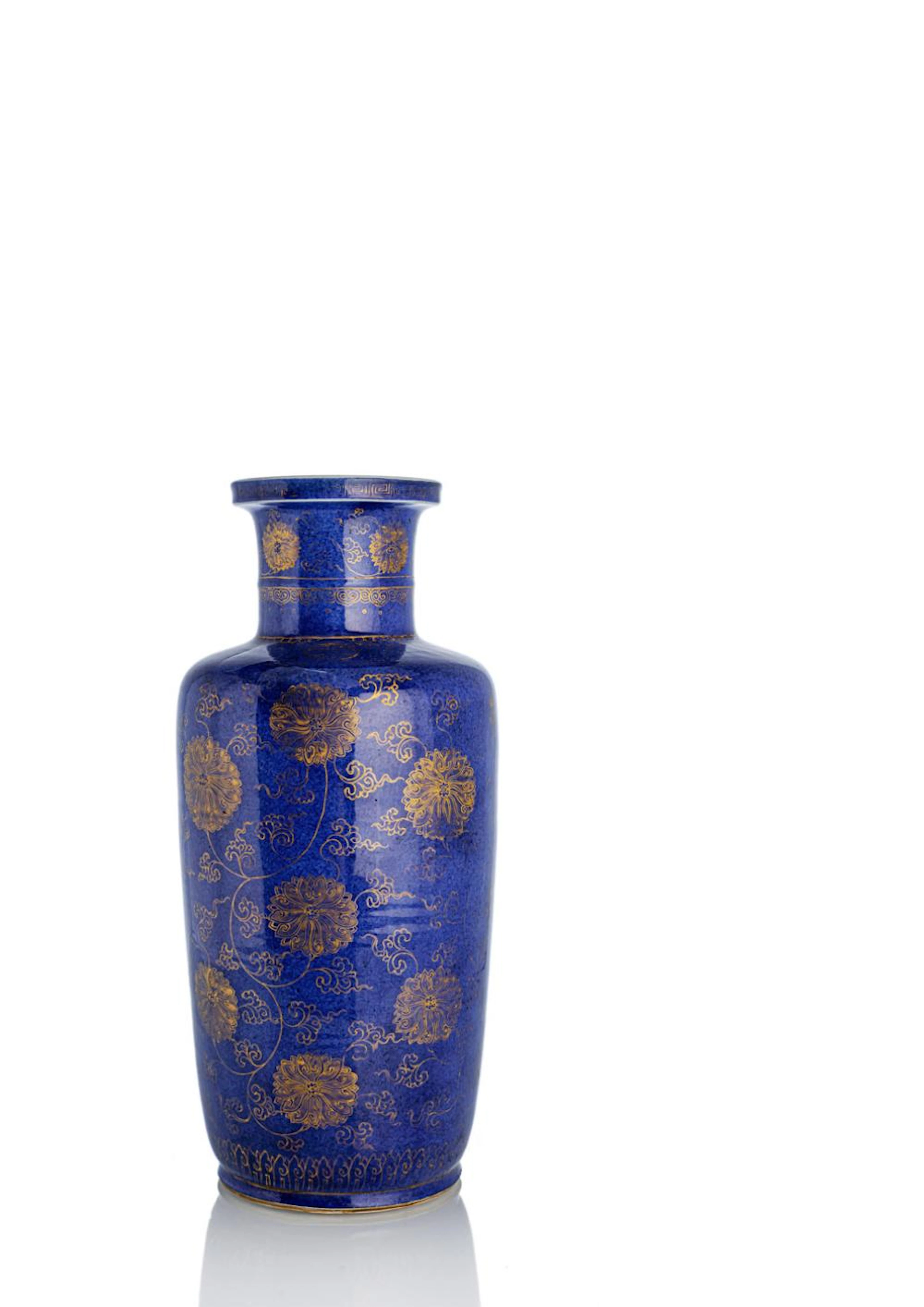 A FINE POWDERBLUE GILT PAINTED LOTUS ROULEAU VASE