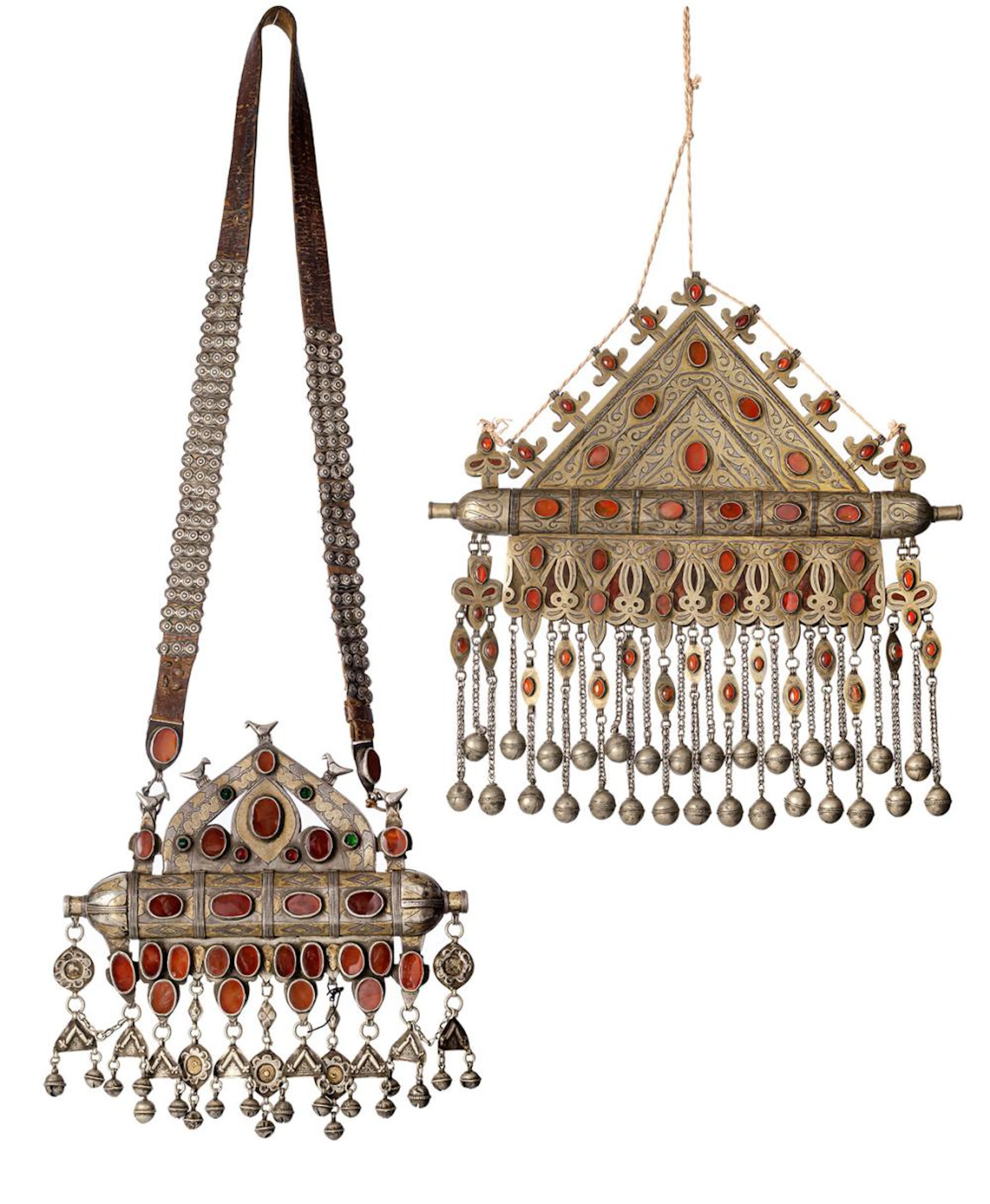 TWO SILVER TURKMEN 'TUMAR' AMULET CHEST ORNAMENTS