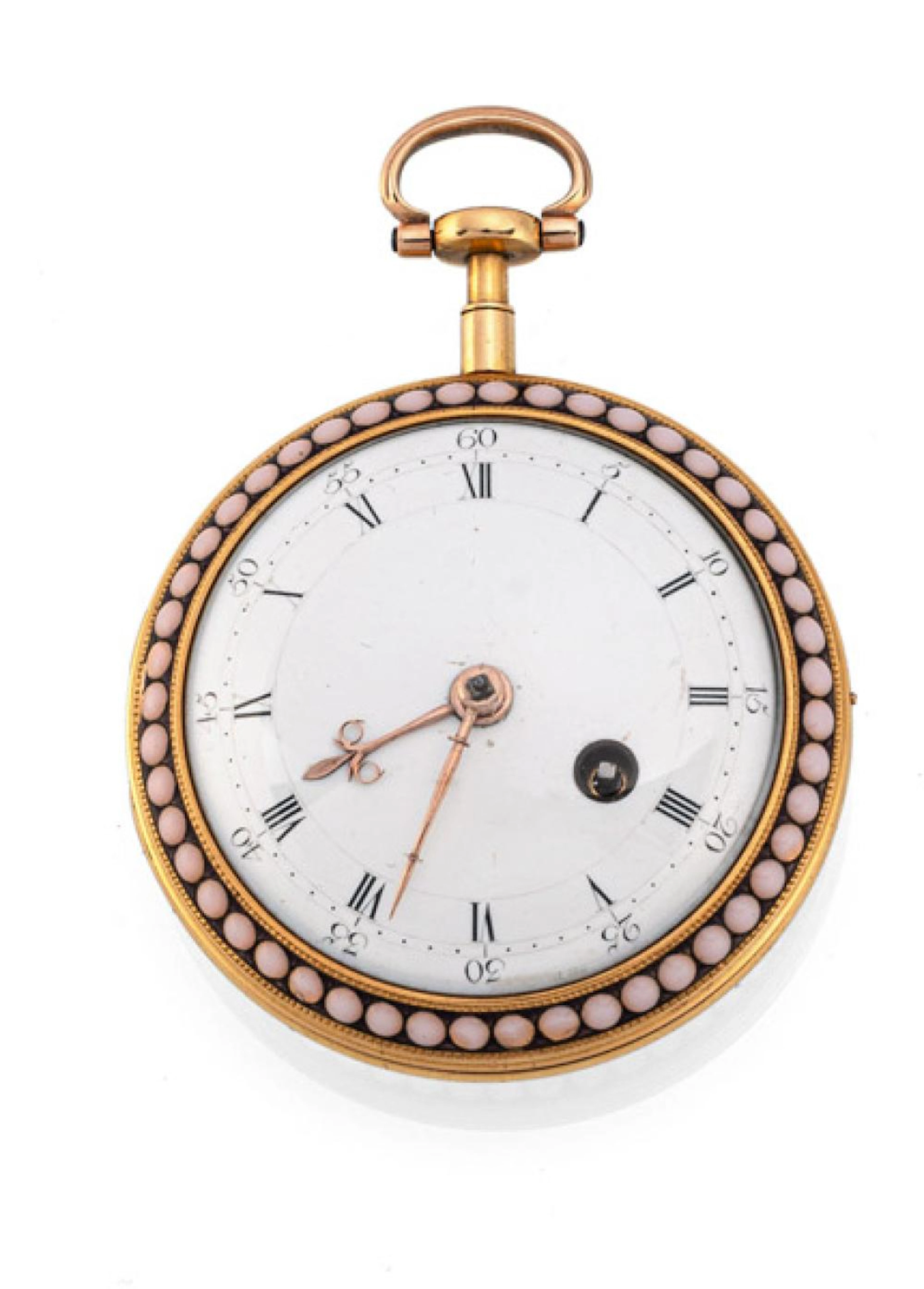 Feine Gold-Email-Taschenuhr mit perlbesetzten Lunette