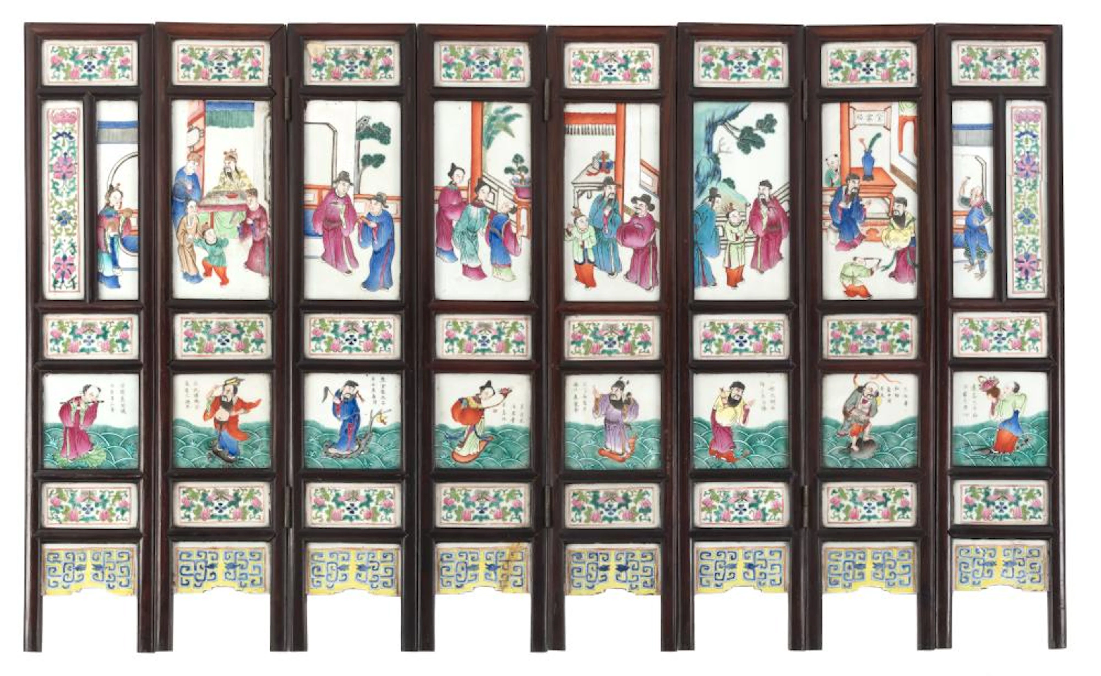 AN EIGHT-PANEL FOLDING SCREEN WITH FAMILLE ROSE PORCELAIN TILES