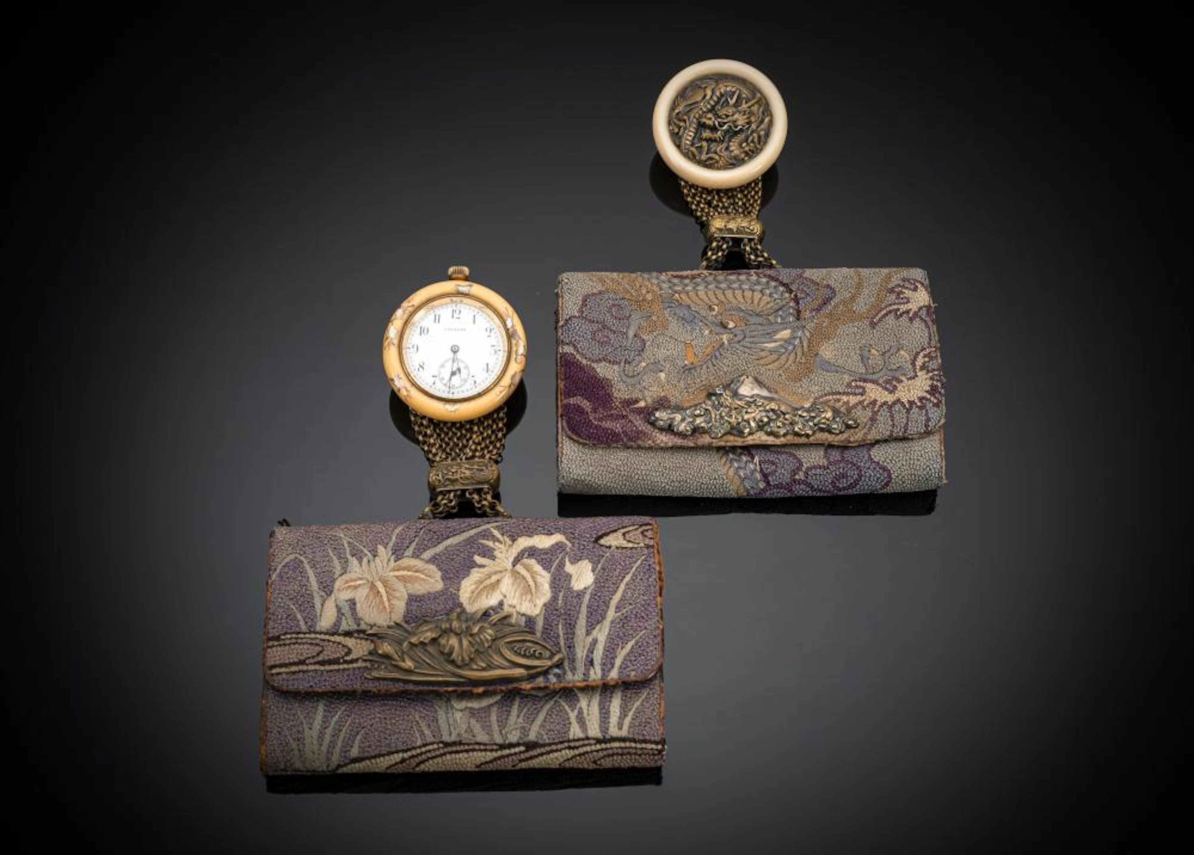 TWO EMBROIDERED HITOTSUSAGE WITH IVORY KAGAMIBUTA