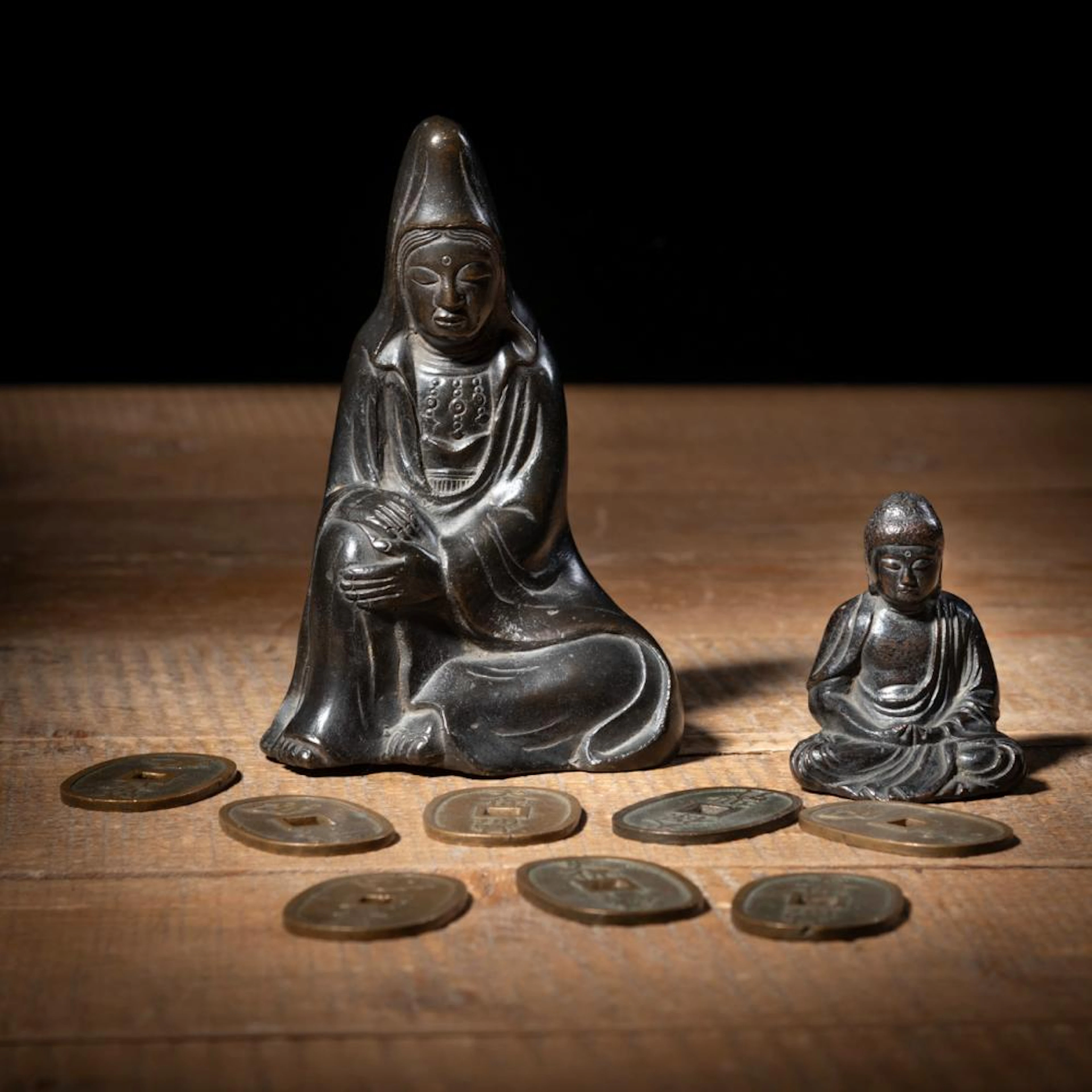 TWO SEATED BRONZE FIGURES OF KANNON AND BUDDHA AMITABHA...