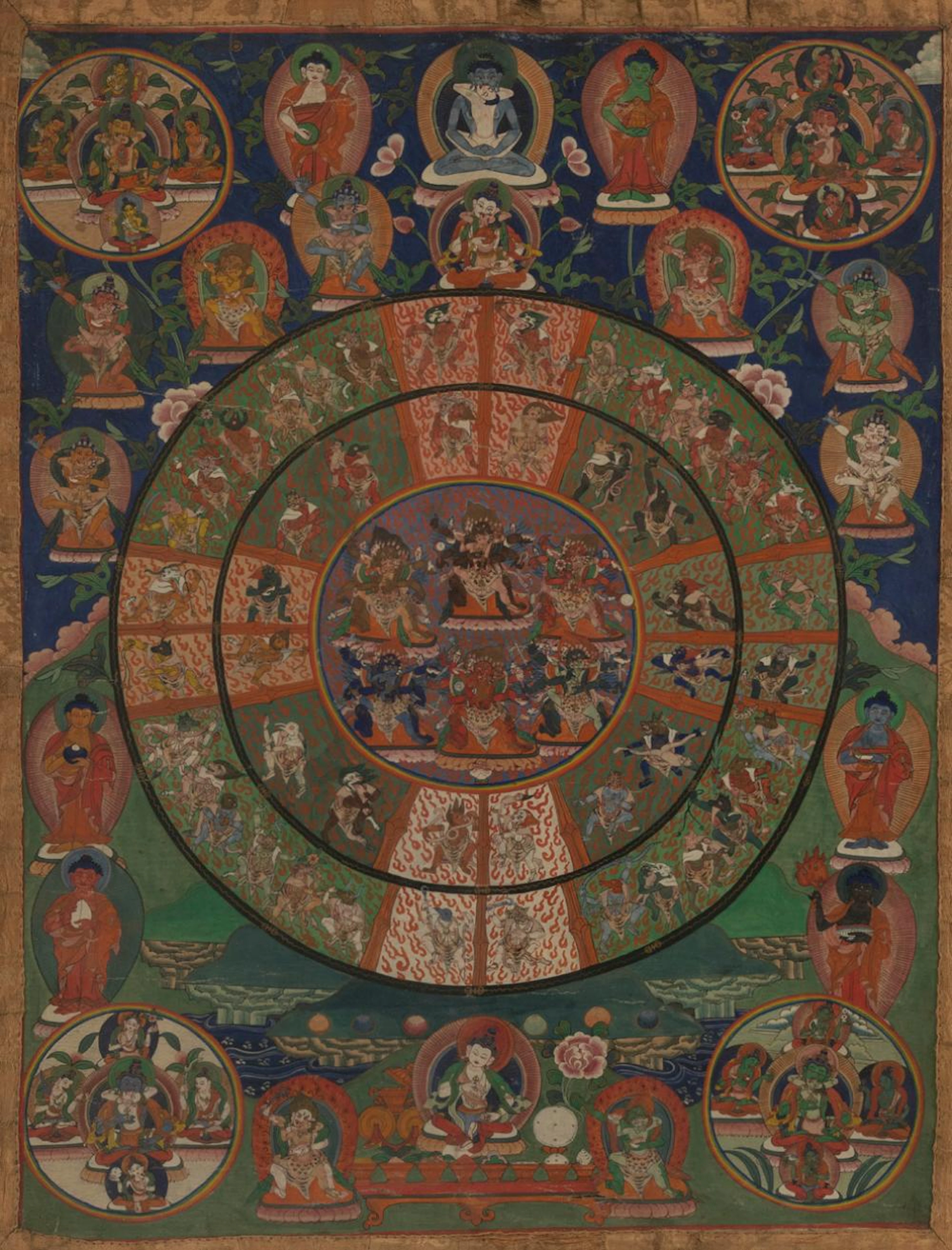 A THANGKA DEPICTING A CIRCULAR MANDALA WITH SIX WRATHFUL DEITIES IN YAB-YUM