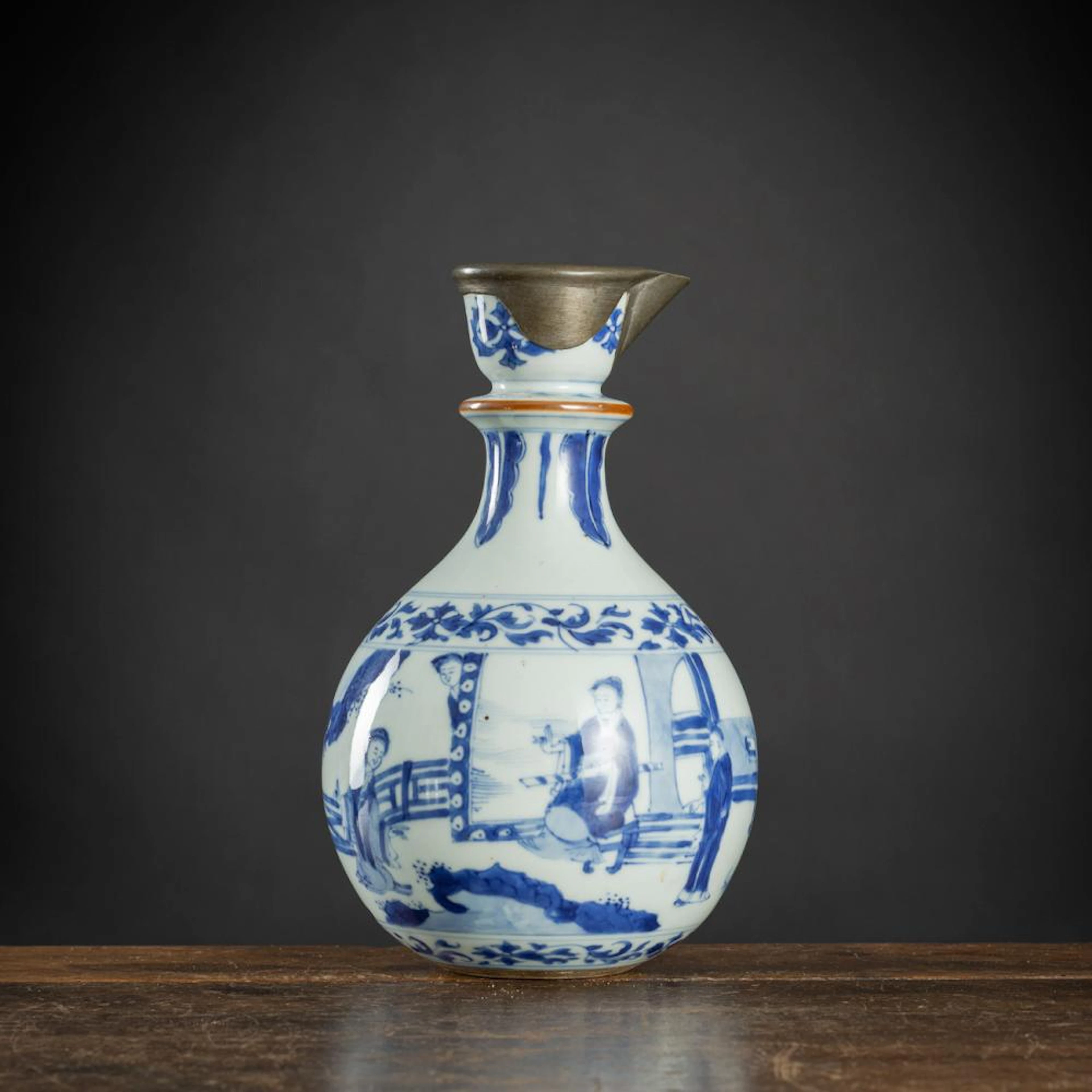A BLUE AND WHITE FIGURAL PORCELAIN HOOKAH BASE