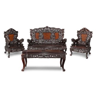 A SET OF TWO DRAGON RELIEF THRONE CHAIRS, A BENCH, AND A TABLE