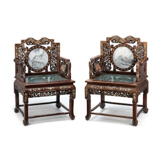 A PAIR OF MOTHER-OF-PEARL-INLAID, GRANITE SEAT, AND DREAMSTONE-INLAID ARMCHAIRS