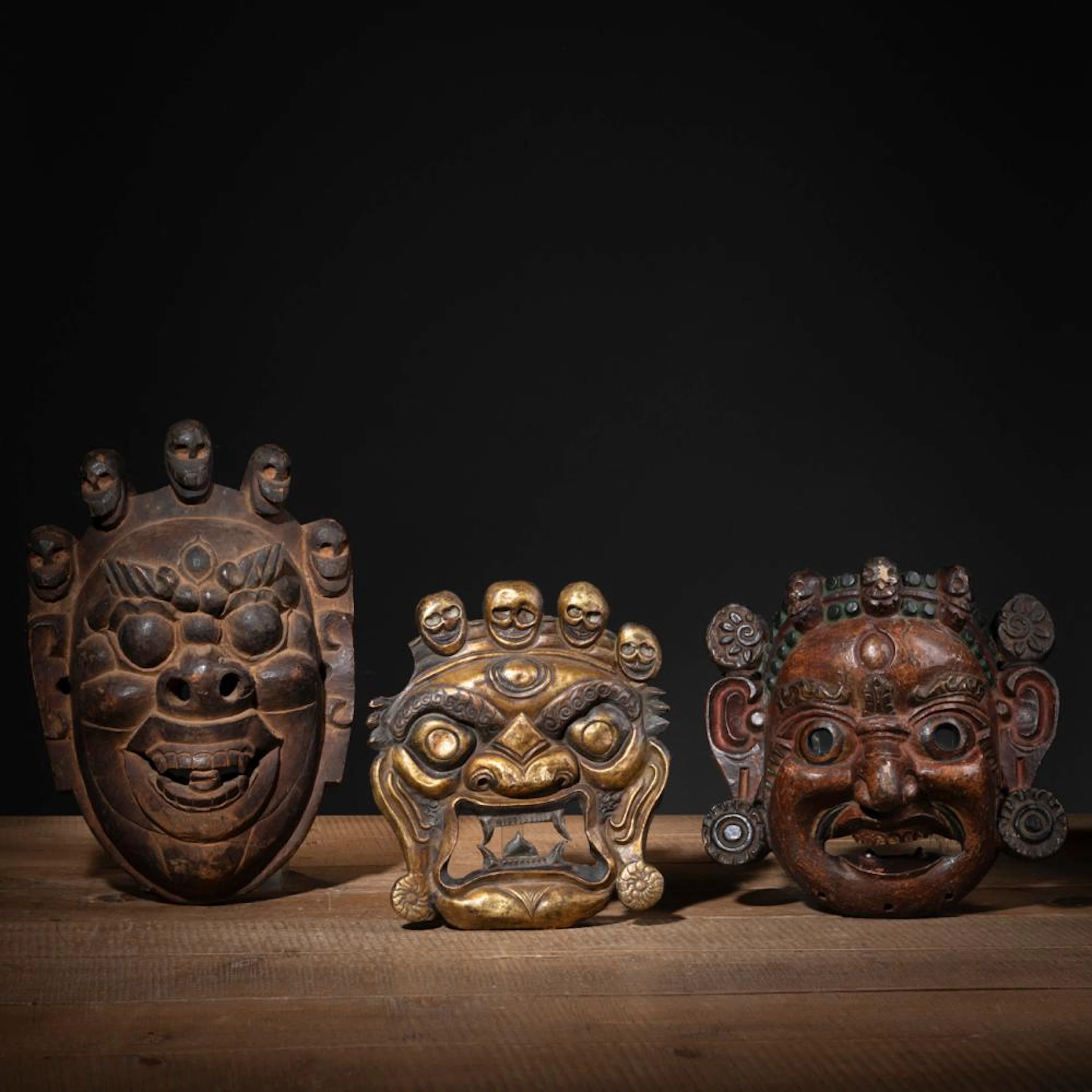 TWO COLORED WOOD MAHAKALA MASKS FOR CHAM DANCE AND A...