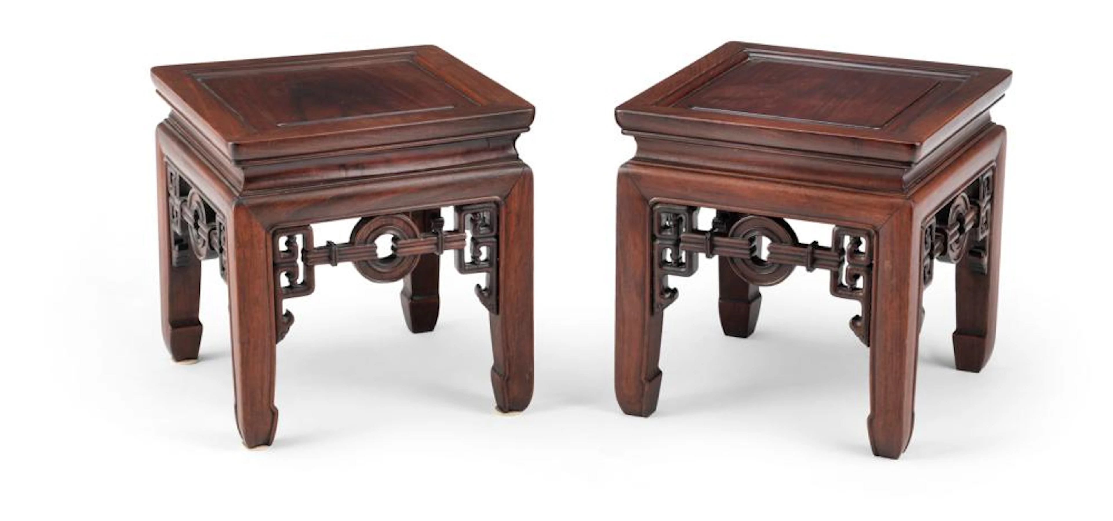 A PAIR OF SMALL COIN-APRON 'HONGMU' STOOLS