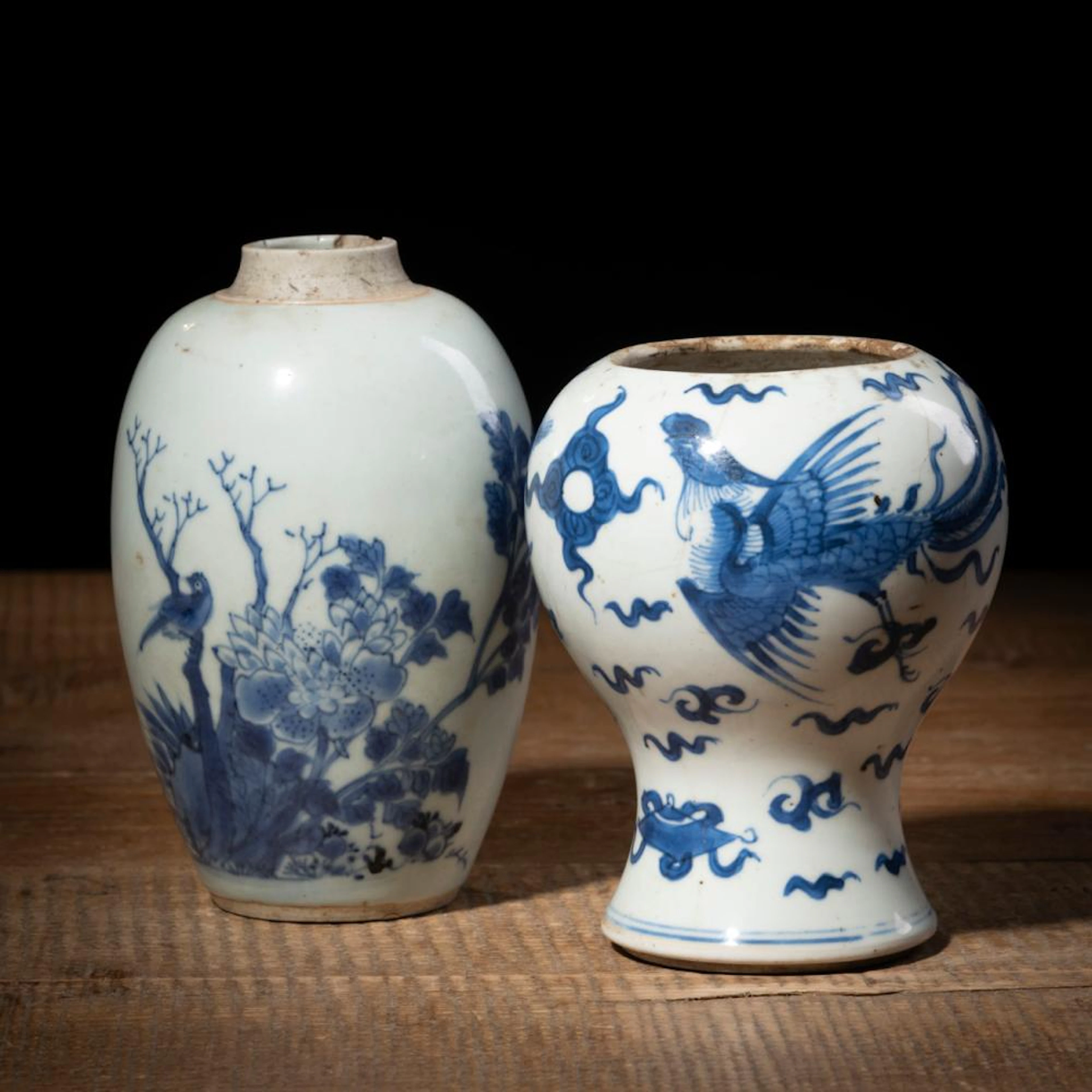 TWO SMALL BLUE AND WHITE PHOENIX AND BIRDS PORCELAIN VASES