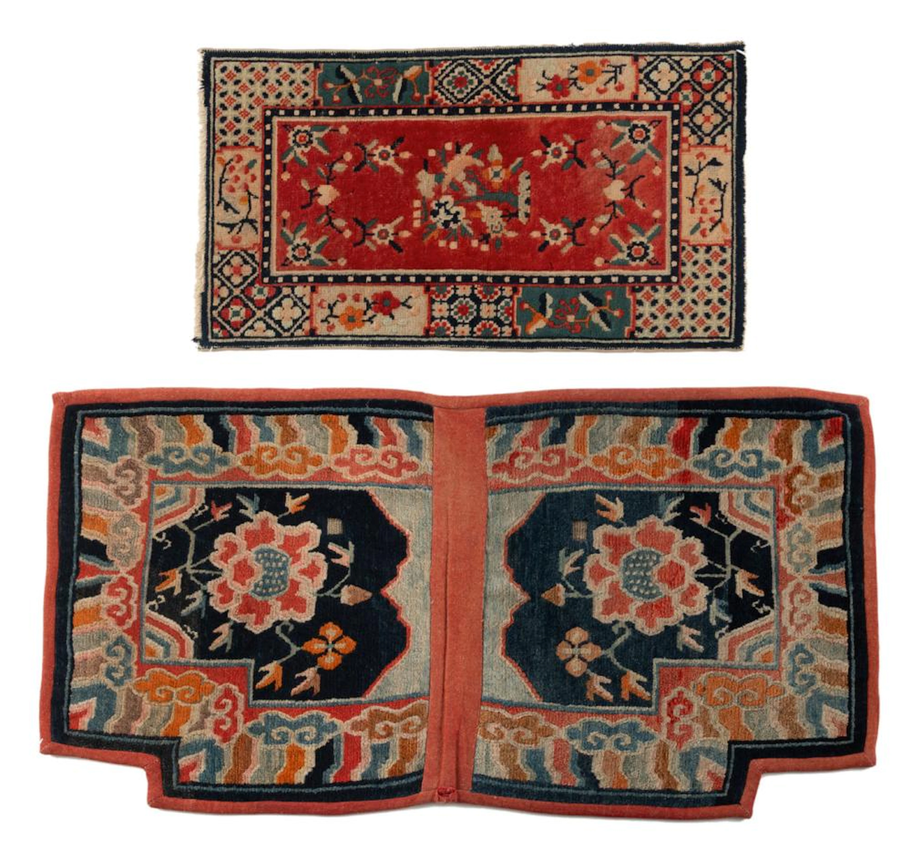 A WOOL SADDLE BLANKET WITH LOTUS PATTERN AND A SMALL...