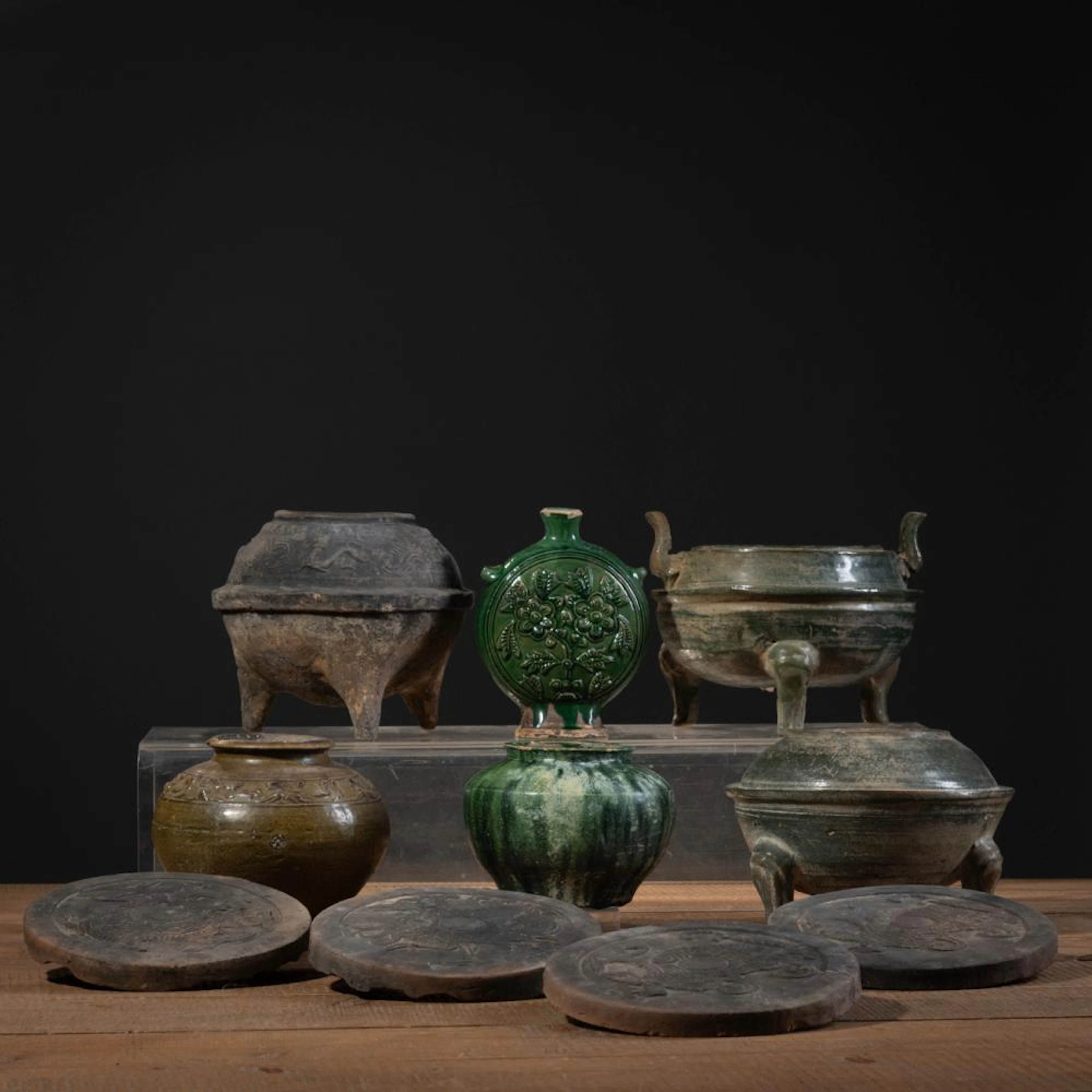 FOUR GREEN-GLAZED CERAMIC VESSELS, HORSE RELIEF VESSEL, FOUR ROOF TILES