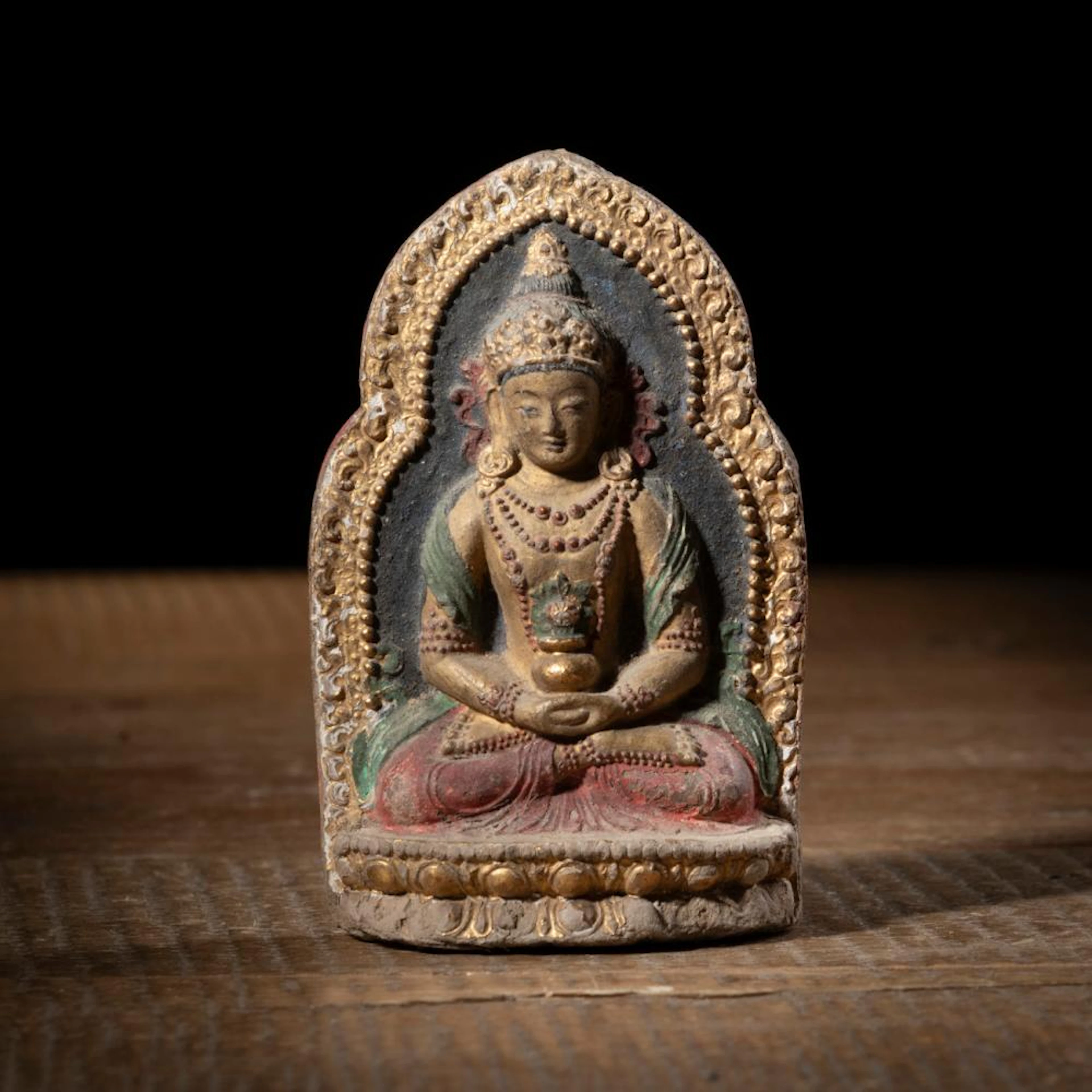 A POLYCHROME PAINTED AMITAYUS TSA-TSA