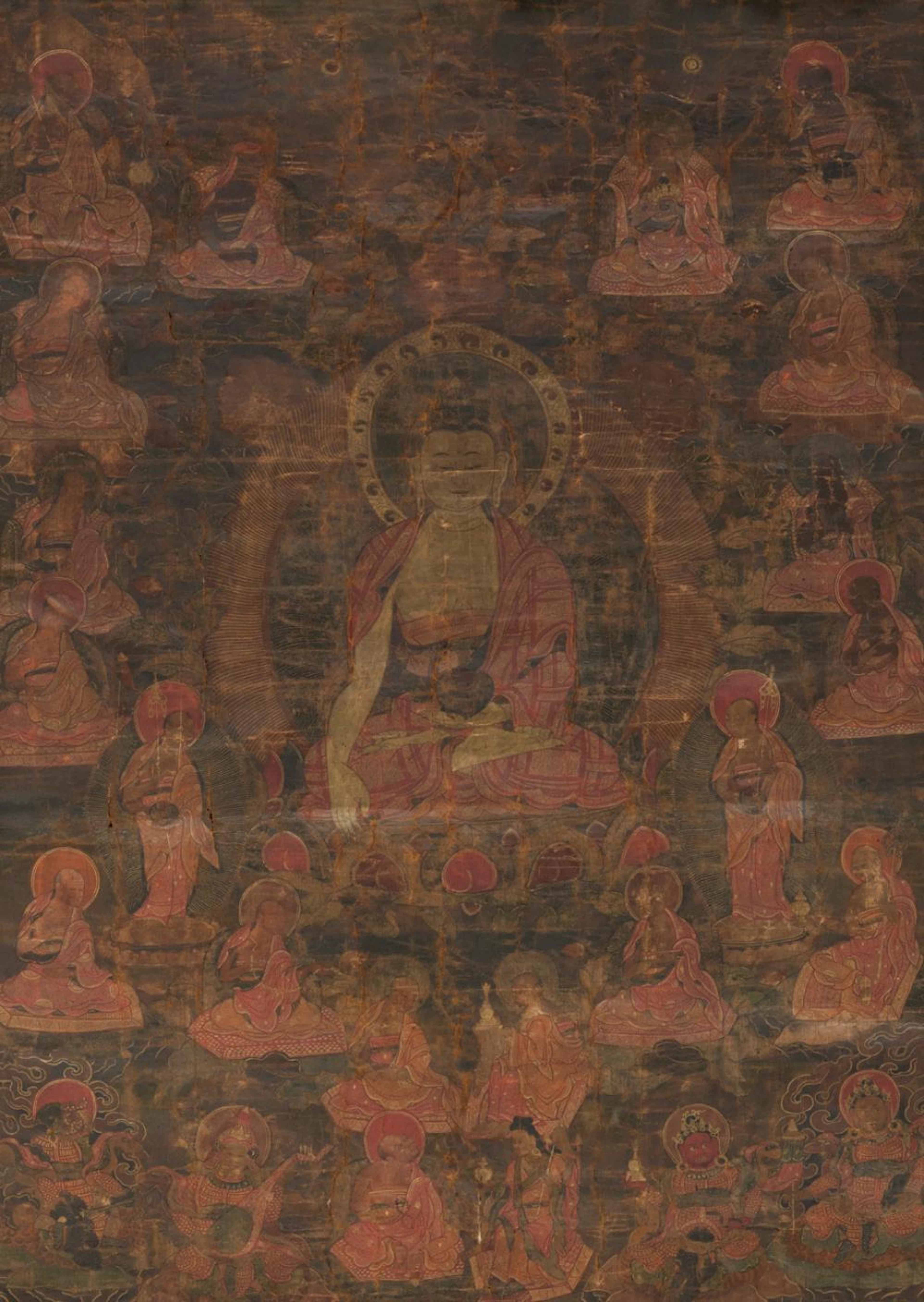 A THANGKA DEPICTING BUDDHA SHAKYAMUNI HOLDING AN ALMS BOWL