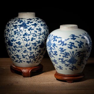 TWO BLUE AND WHITE LOTUS PORCELAIN JARS