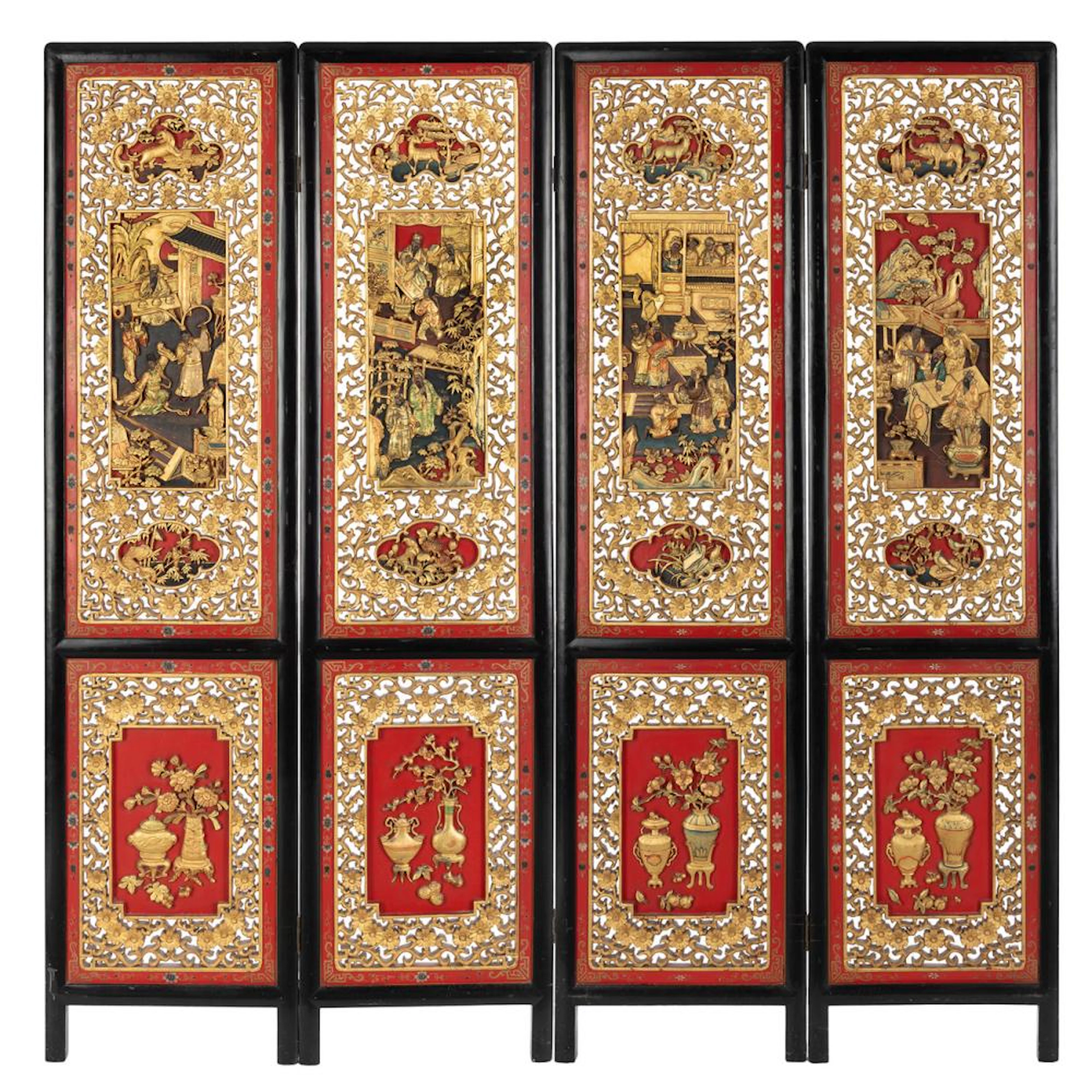A FOUR-PANEL PARCEL-GILT CARVED RELIEF 'SANGUO YANYI' FOLDING SCREE