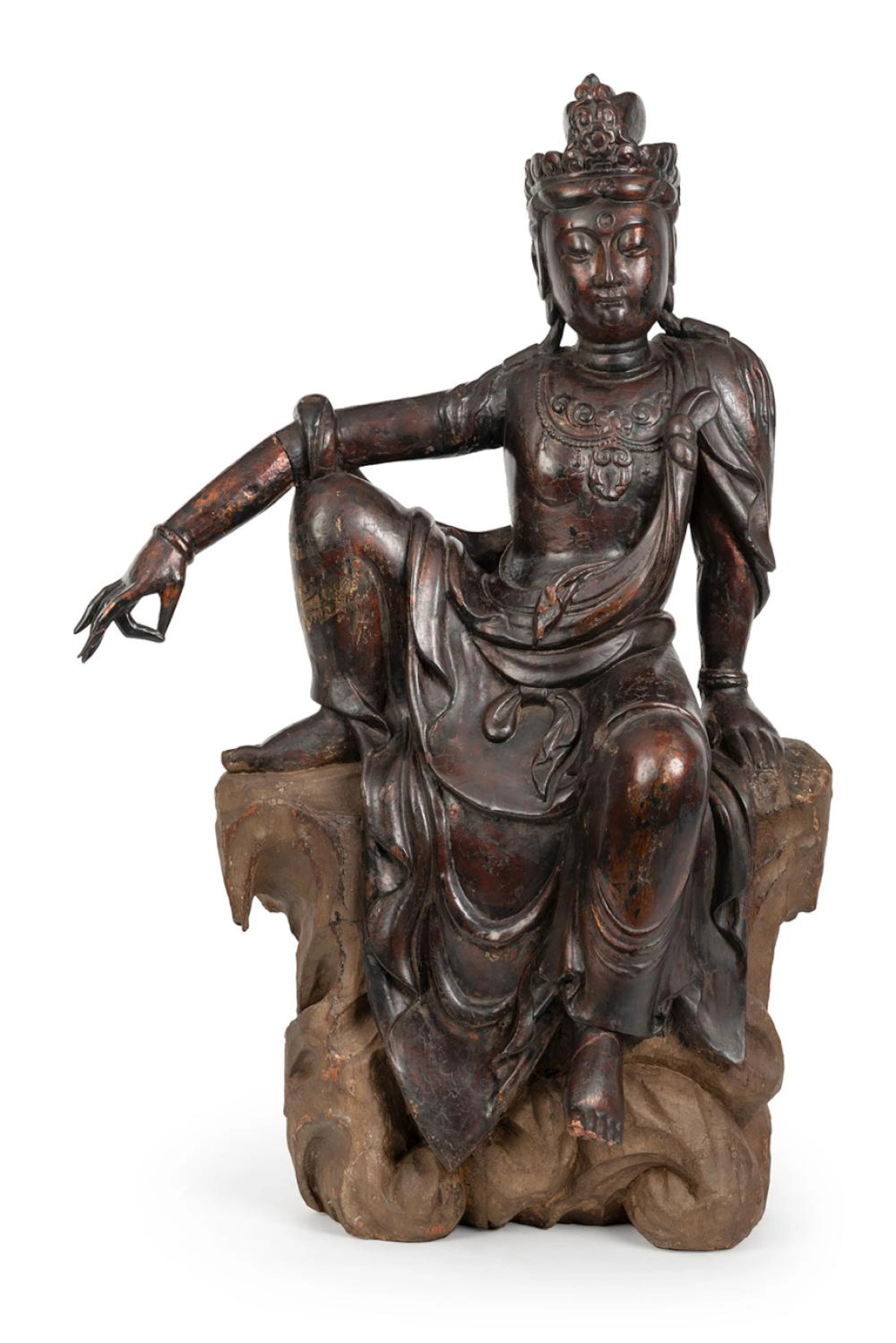 A LARGE LACQUERED-WOOD SEATED FIGURE OF 'WATER MOON' GUANYI