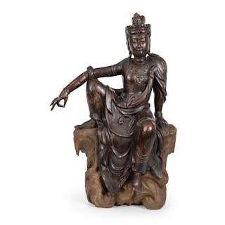 A LARGE LACQUERED-WOOD SEATED FIGURE OF 'WATER MOON' GUANYI