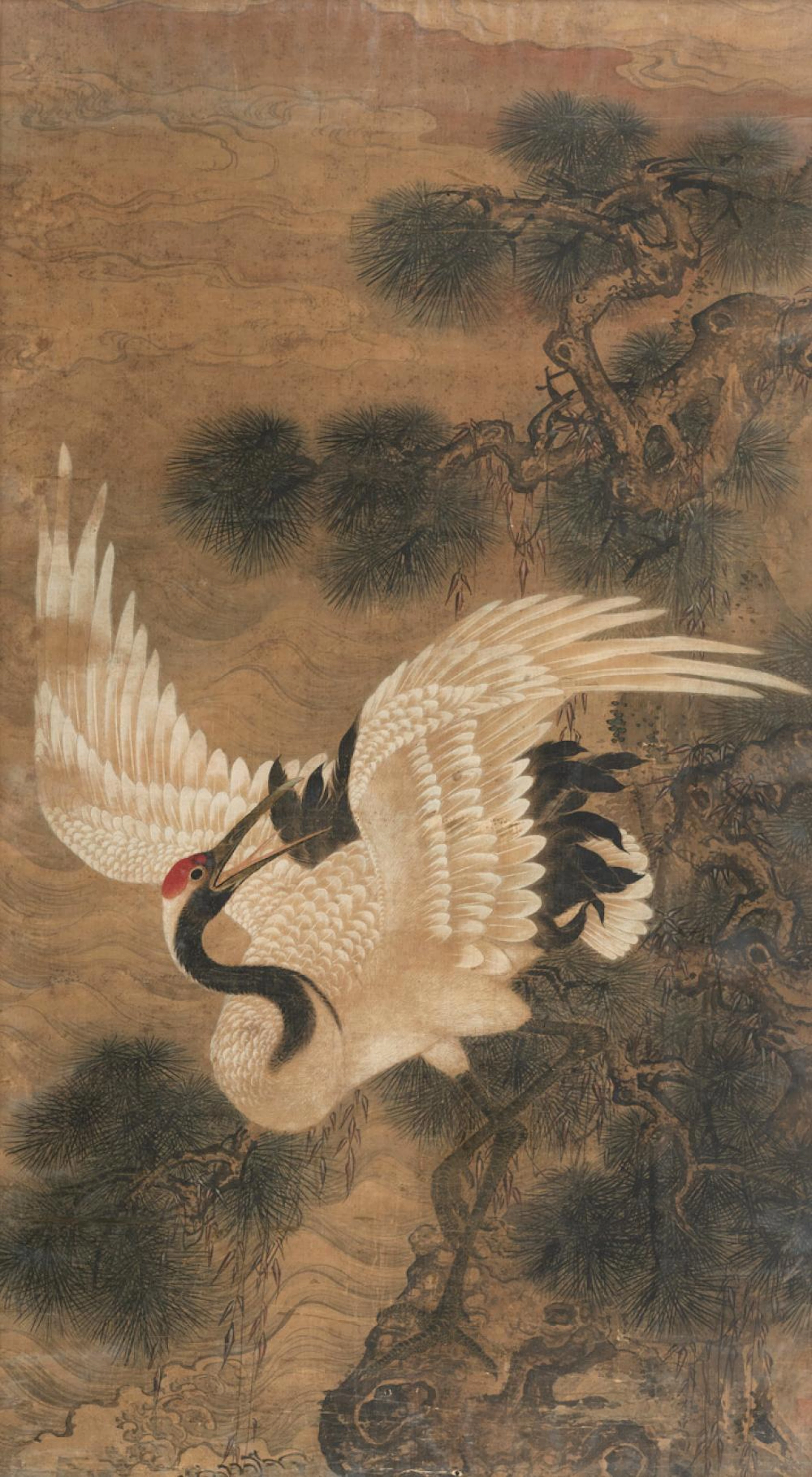 A PAINTING DEPICTION A MANCHURIAN CRANE ON A PINE TREE