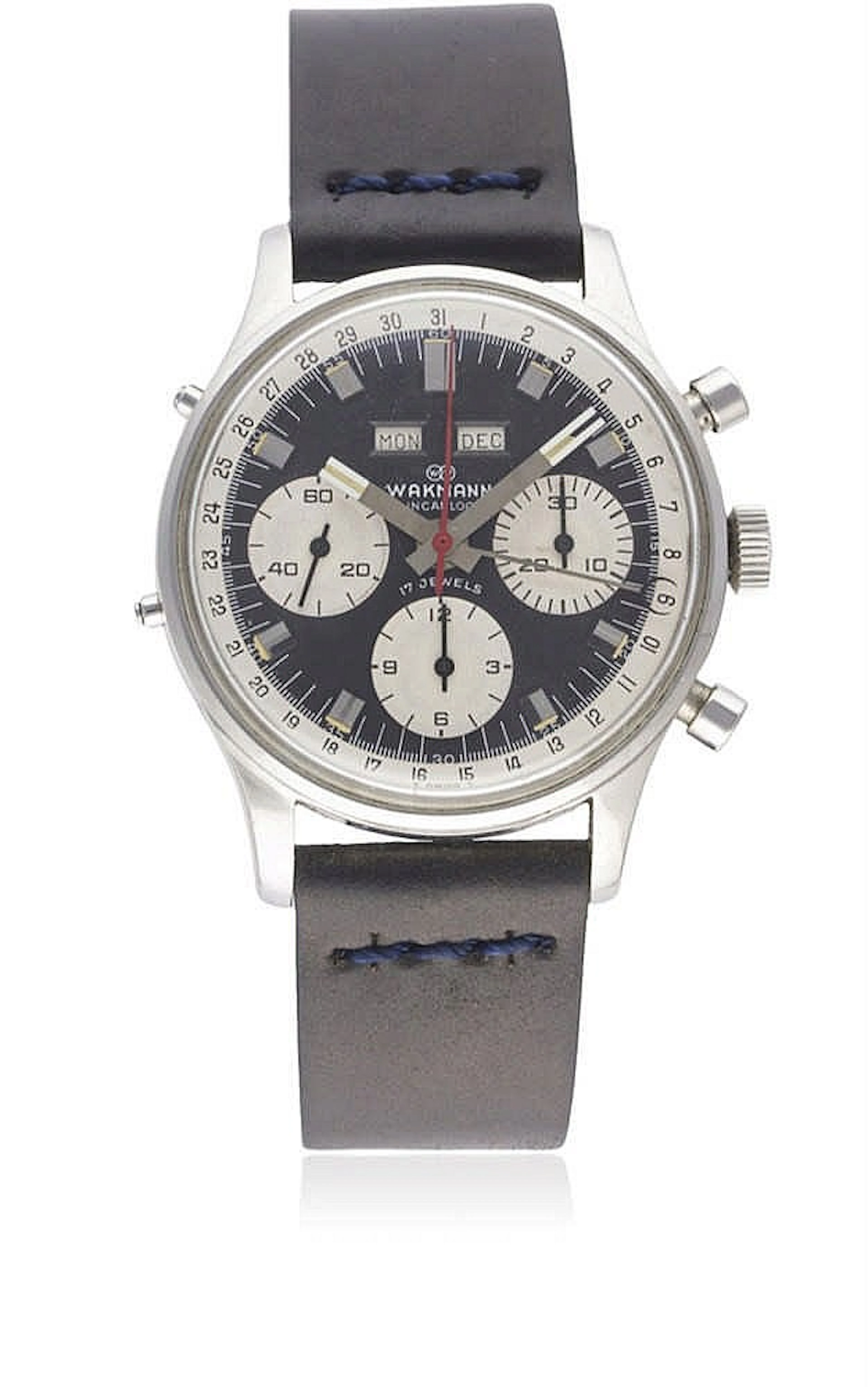 A GENTLEMAN'S STAINLESS STEEL WAKMANN TRIPLE CALENDAR CHRONOGRAPH WRIST WATCH