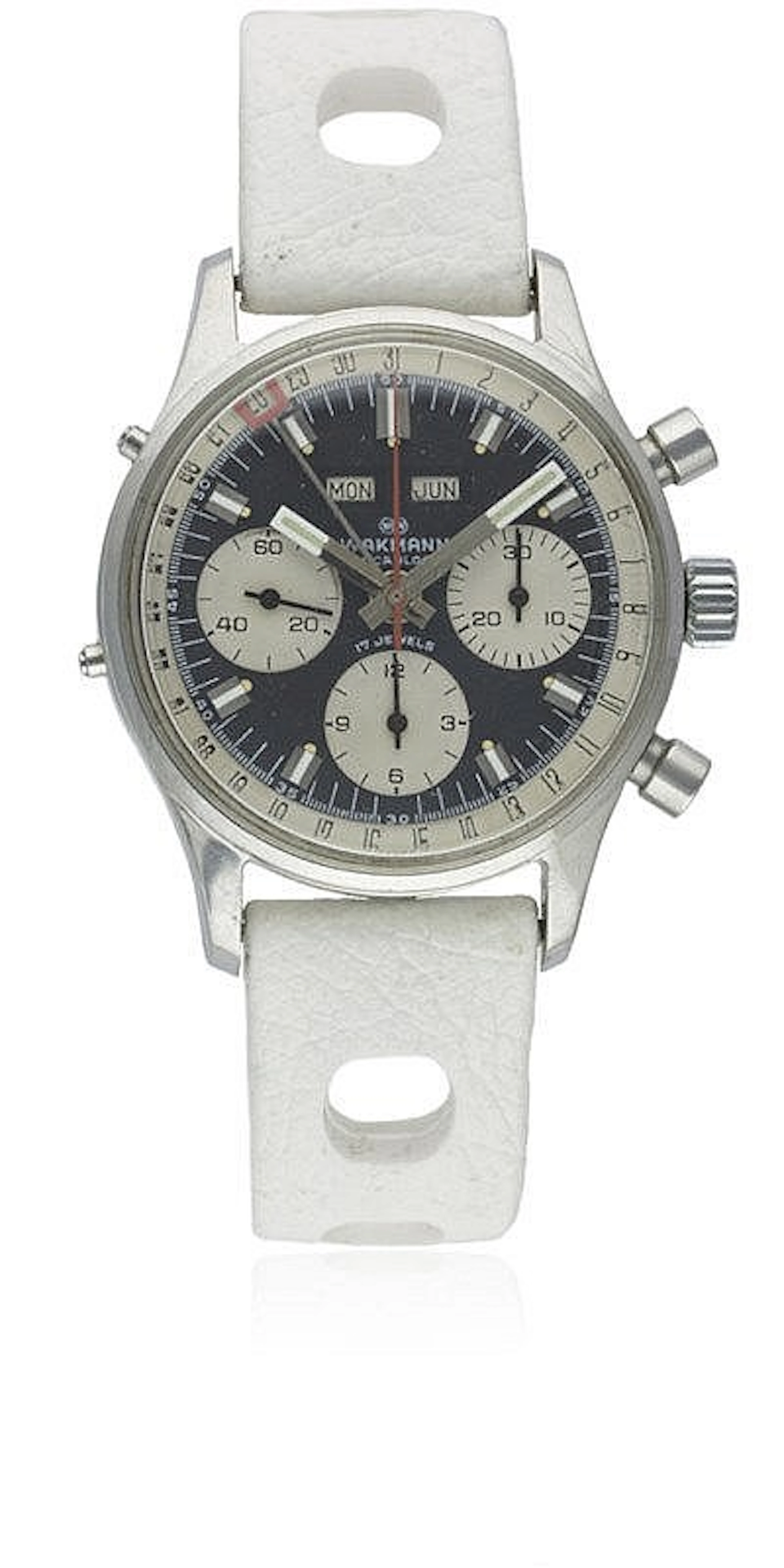 A GENTLEMAN'S STAINLESS STEEL WAKMANN TRIPLE CALENDAR CHRONOGRAPH WRIST WATCH