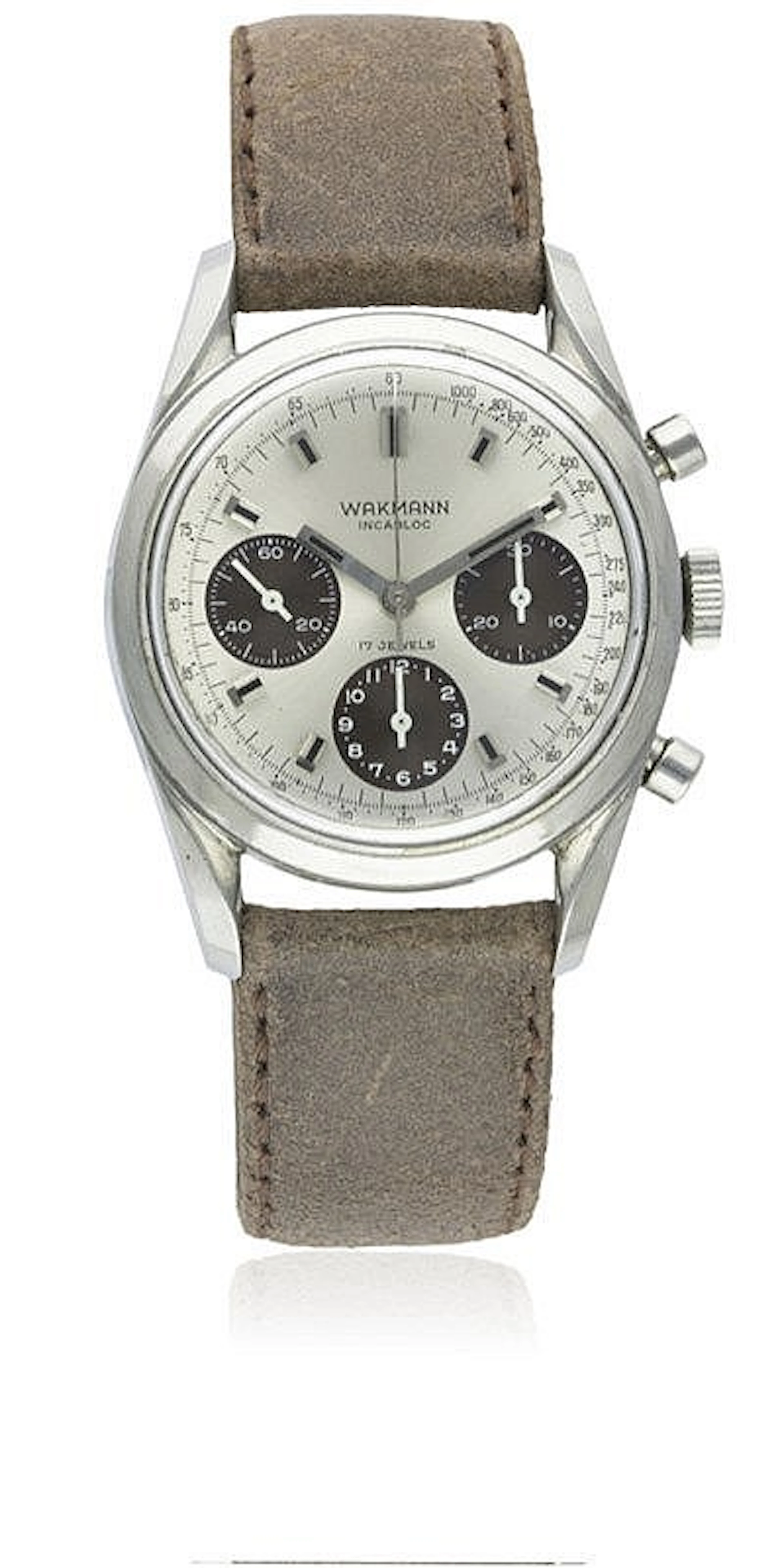 A RARE GENTLEMAN'S STAINLESS STEEL WAKMANN CHRONOGRAPH WRIST WATCH