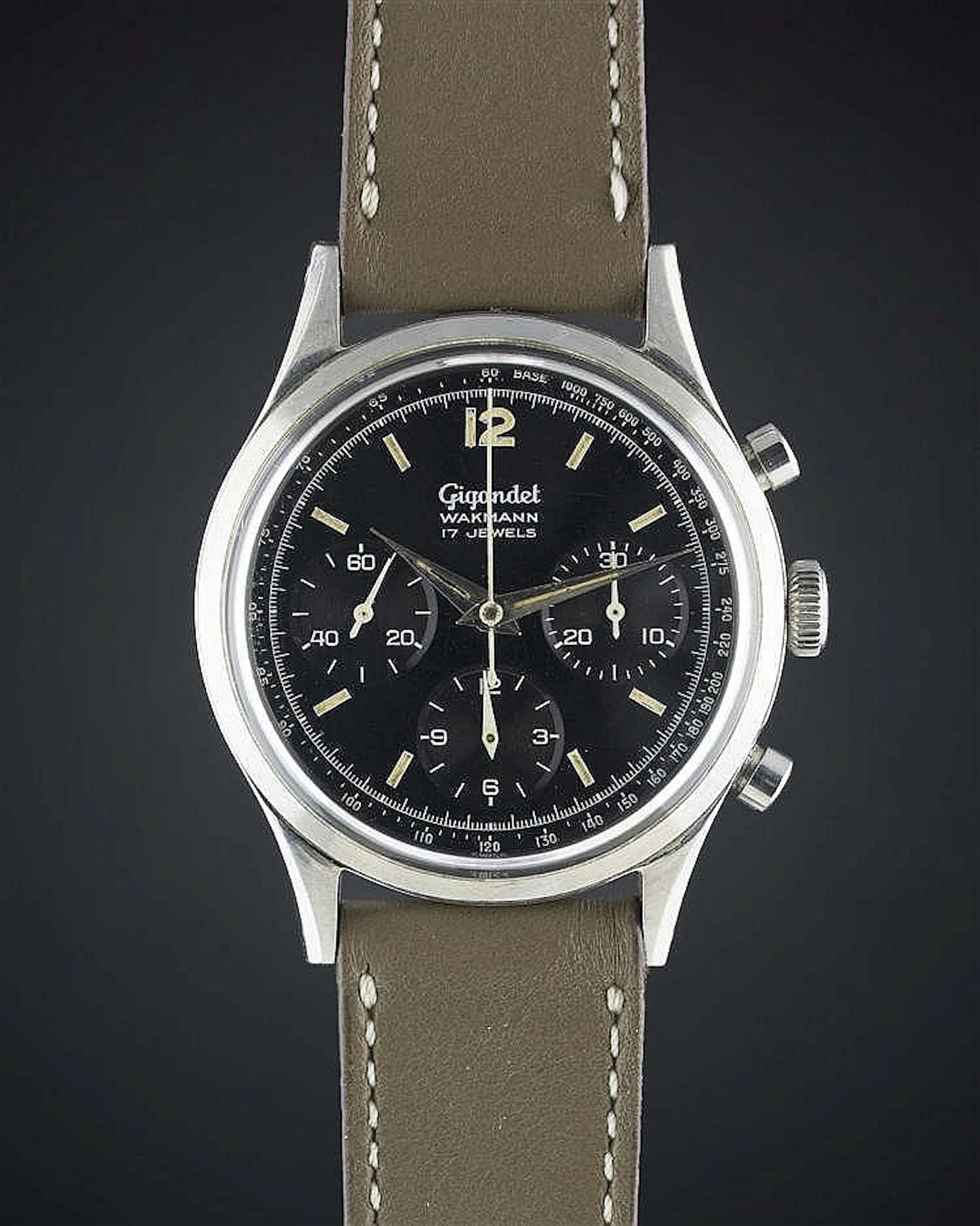 A RARE GENTLEMAN'S STAINLESS STEEL GIGANDET WAKMANN CHRONOGRAPH WRIST WATCH
