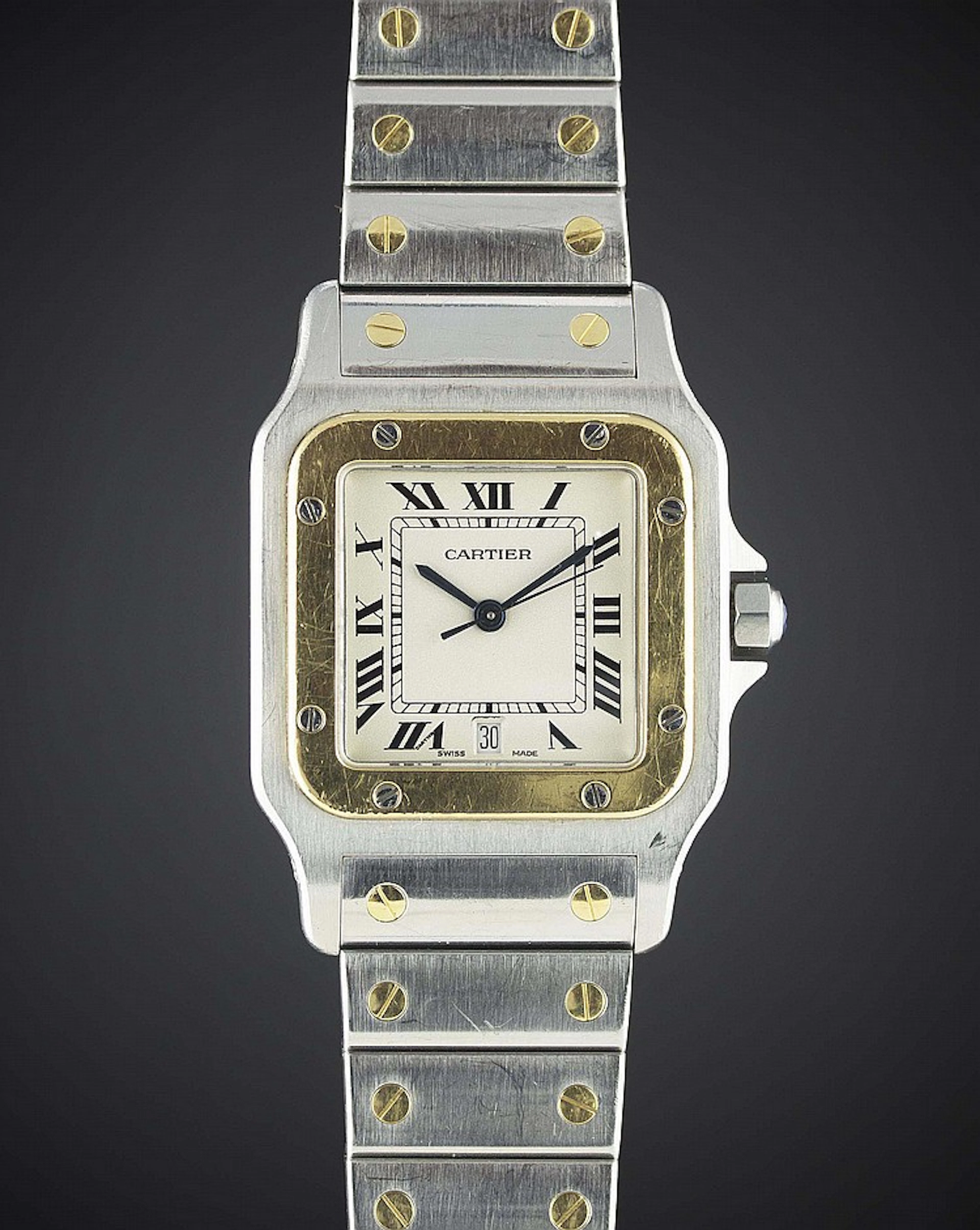 A GENTLEMAN'S STEEL & GOLD CARTIER SANTOS GALBEE BRACELET WATCH