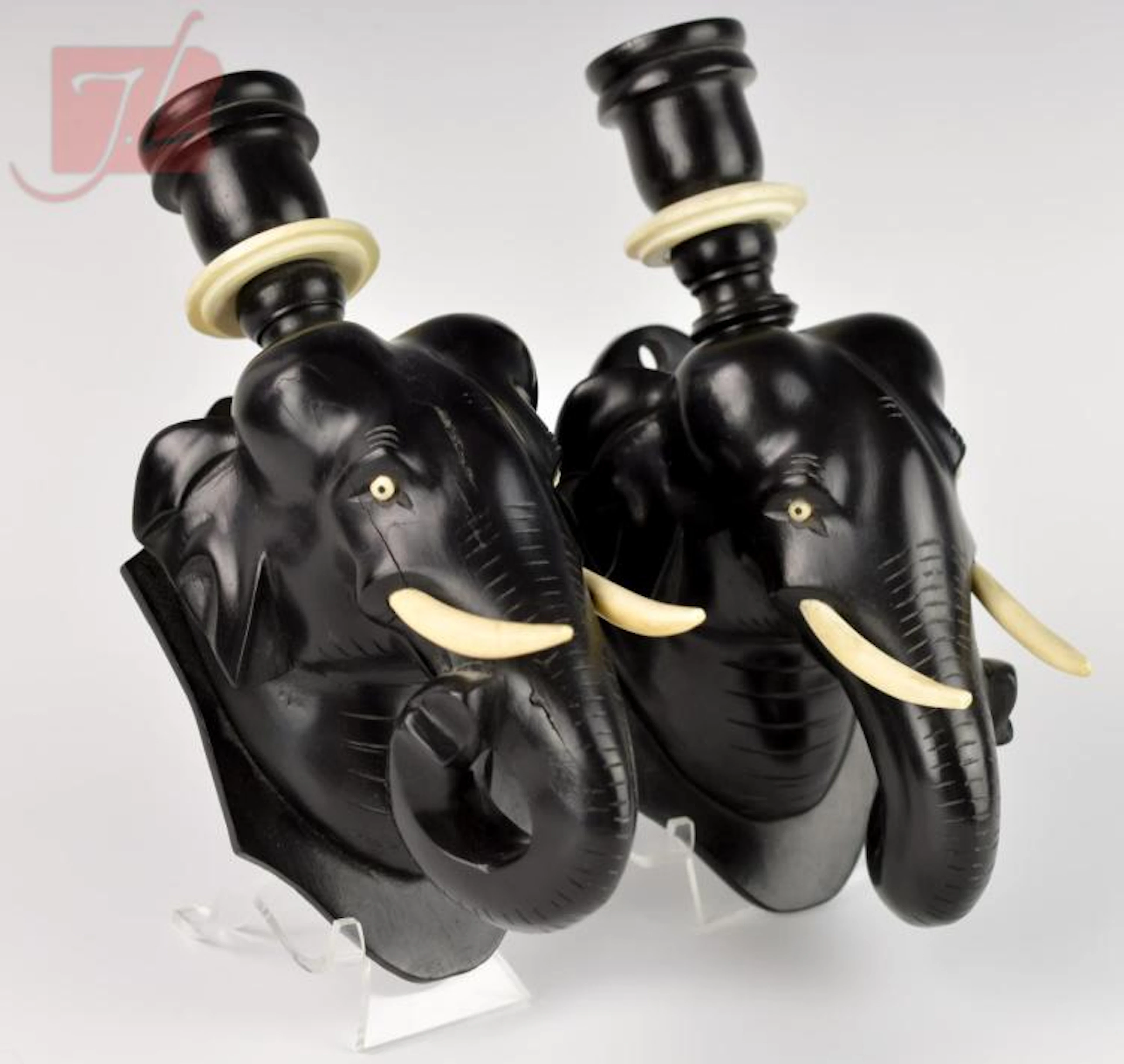 Carved Ebony & Ivory Elephant Wall Sconce Pair
