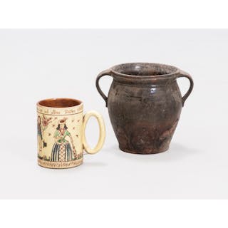 ALLMOGE, 2 delar, lerkrus, lerstop, glaserad keramik, 18/1900-tal