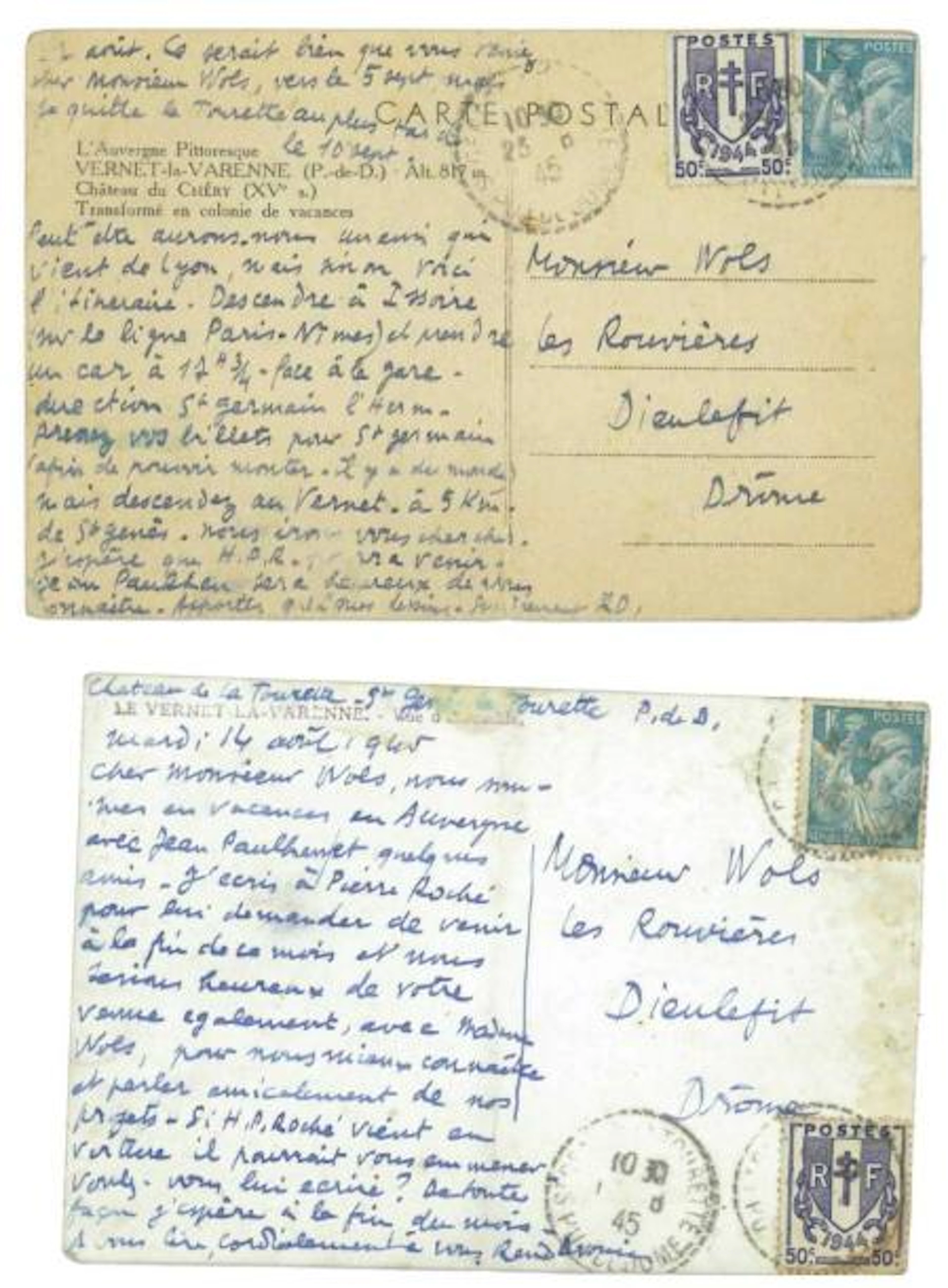Deux cartes postales de René Drouin (1905-1979) adressées à Otto...