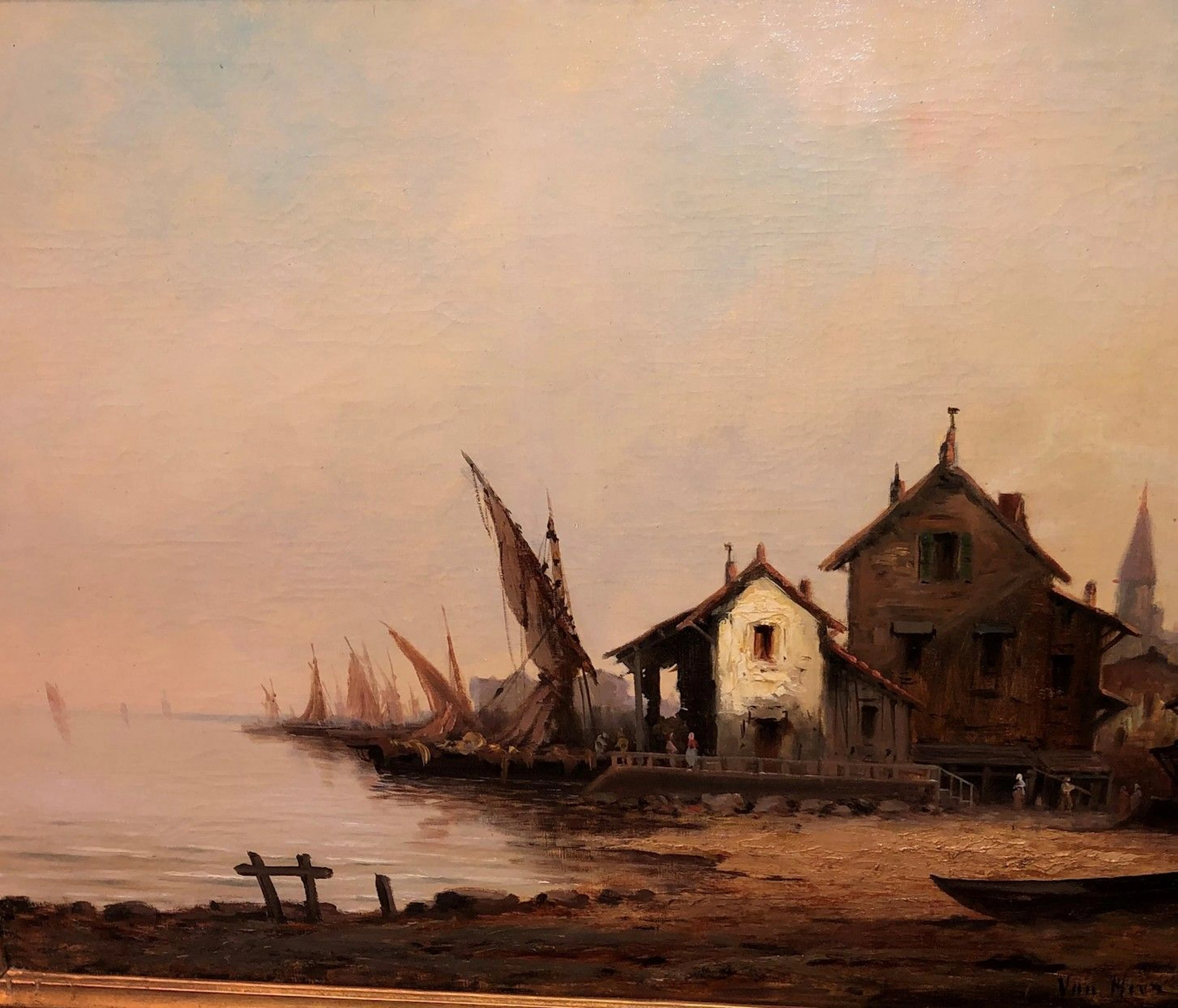 Ecole XIXe siècle "Village au bord de mer"..