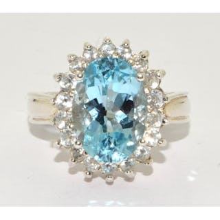 Large Swiss blue/white Topaz 925 silver cocktail ring Size P...