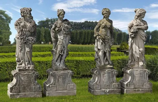 A SET OF FOUR SCULPTED LIMESTONE MODELS OF MAIDENS REPRESENTING | Barnebys