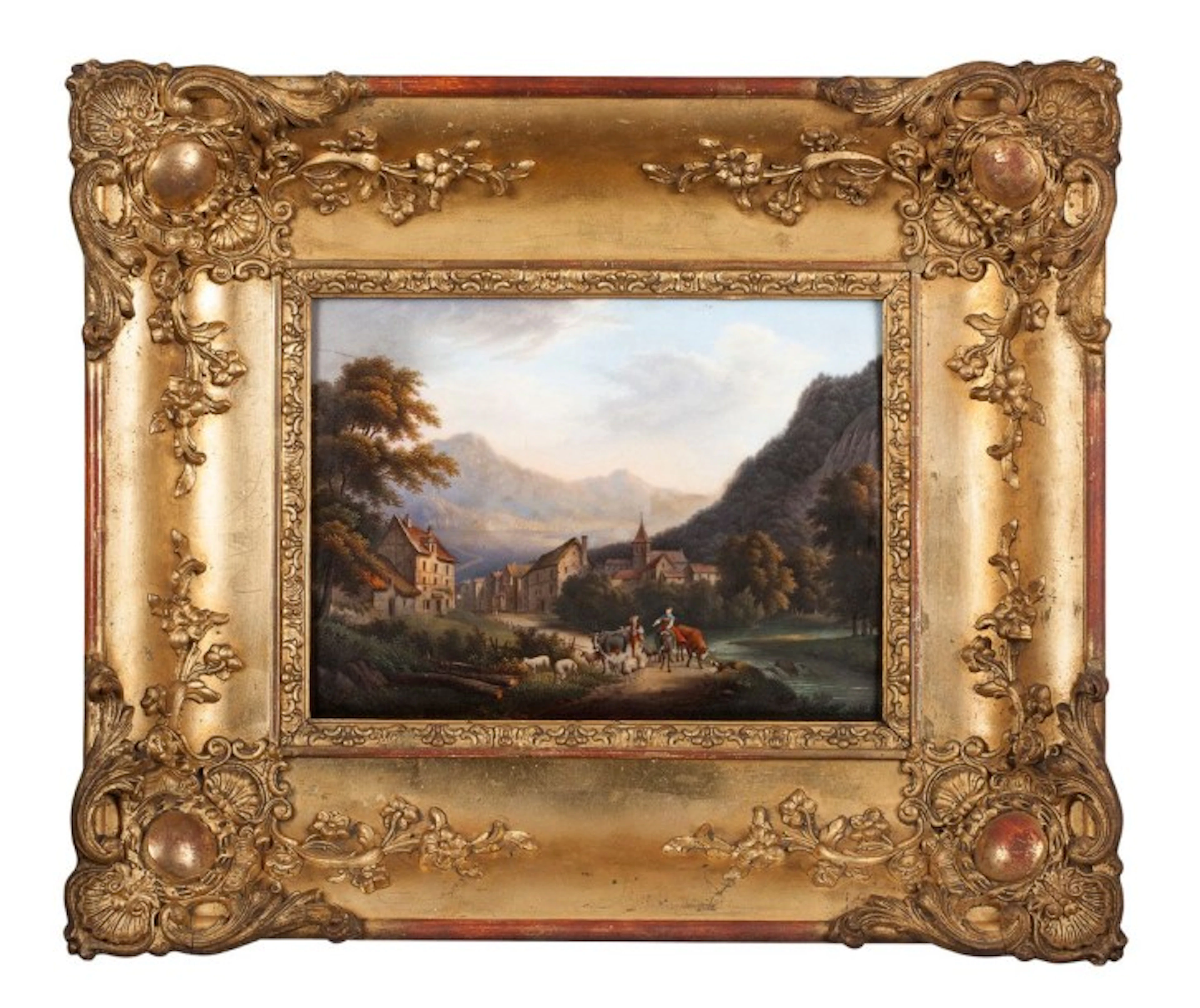 Plaque en porcelaine représentant des bergers devant un village Suisse