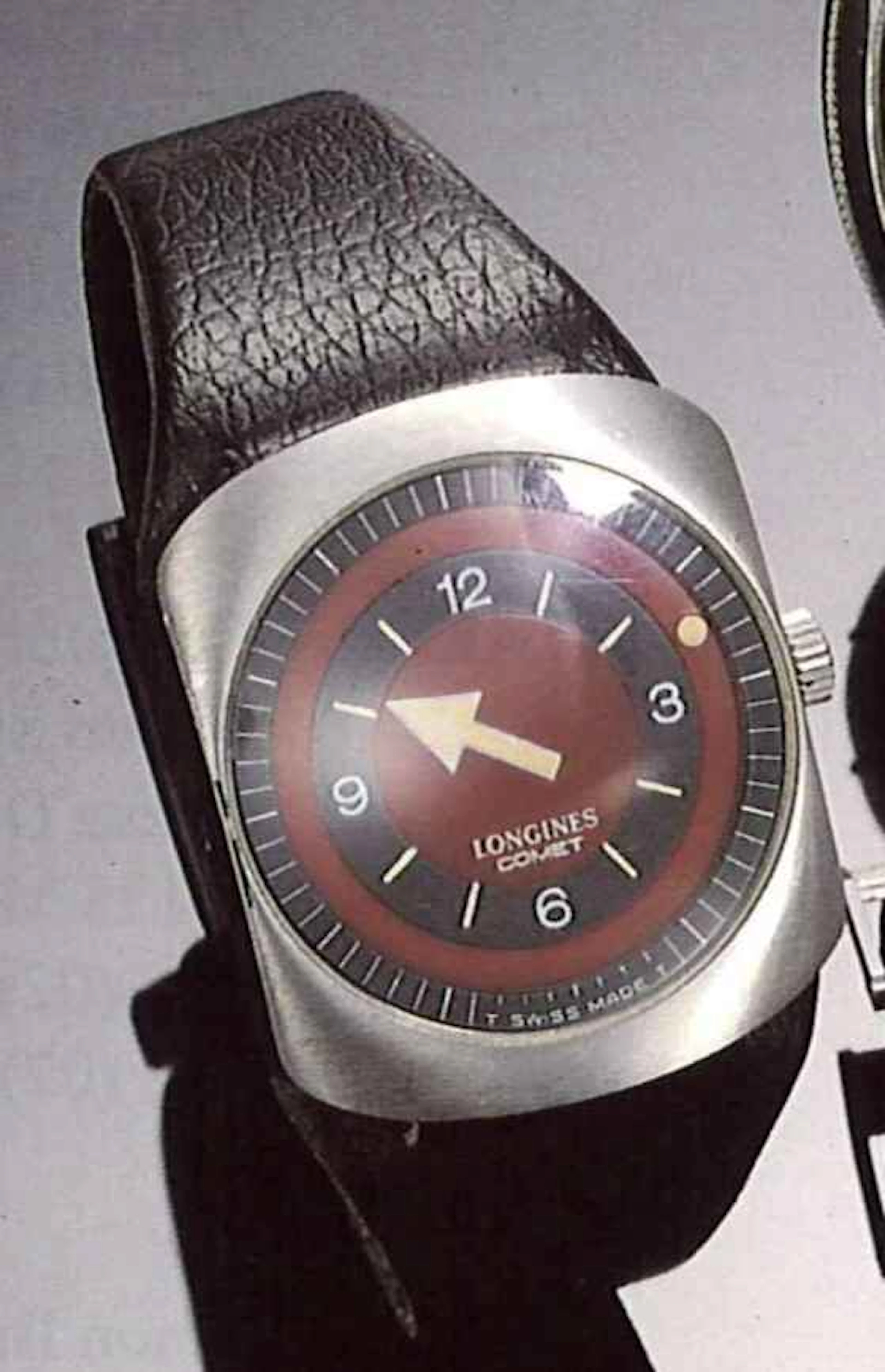 Longines, Cornet, anni '70. Insolito orologio da polso, per uomo, in acciaio, con cassa impermeabile.
